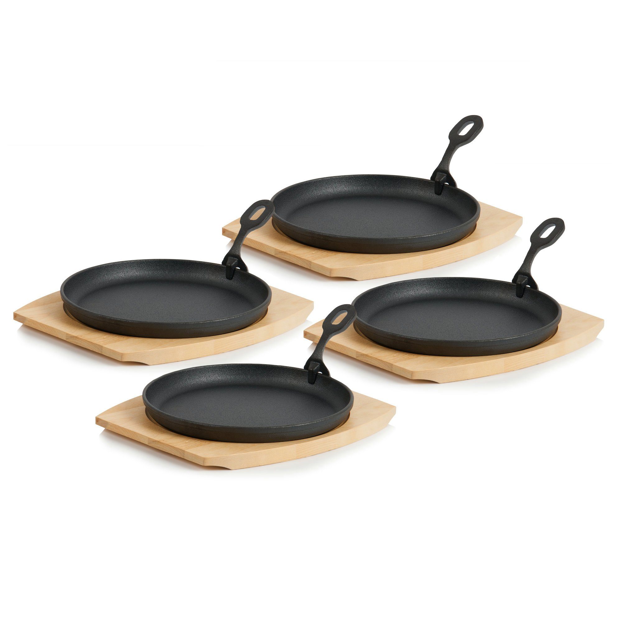 BBQ-Toro Servierpfanne 4er Gusseisen Servierpfännchen-Set, Ø 22 cm, rund, mit Holzbrett, Gusseisen