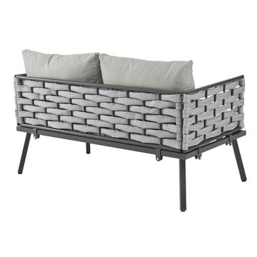 XDeer Gartenlounge-Set Verzinktem Stahlgestell Tischplatte aus Glas PE-Rattan Kissen, 4-teiliges Esstisch-Set, 1 2-Sitzer-Sofa, 2 Einzelstühle, 1 Tisch