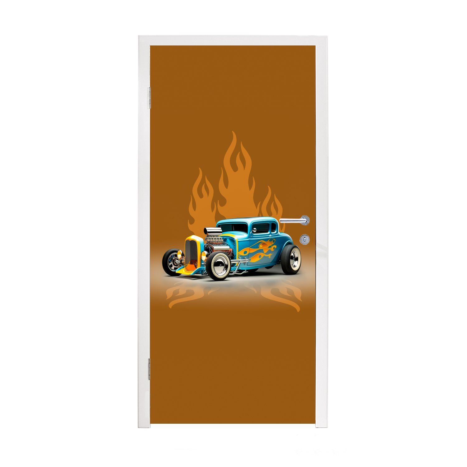MuchoWow Türtapete Auto - Gelb - Flammen - Vintage, Matt, bedruckt, (1 St), Fototapete für Tür, Türaufkleber, 75x205 cm