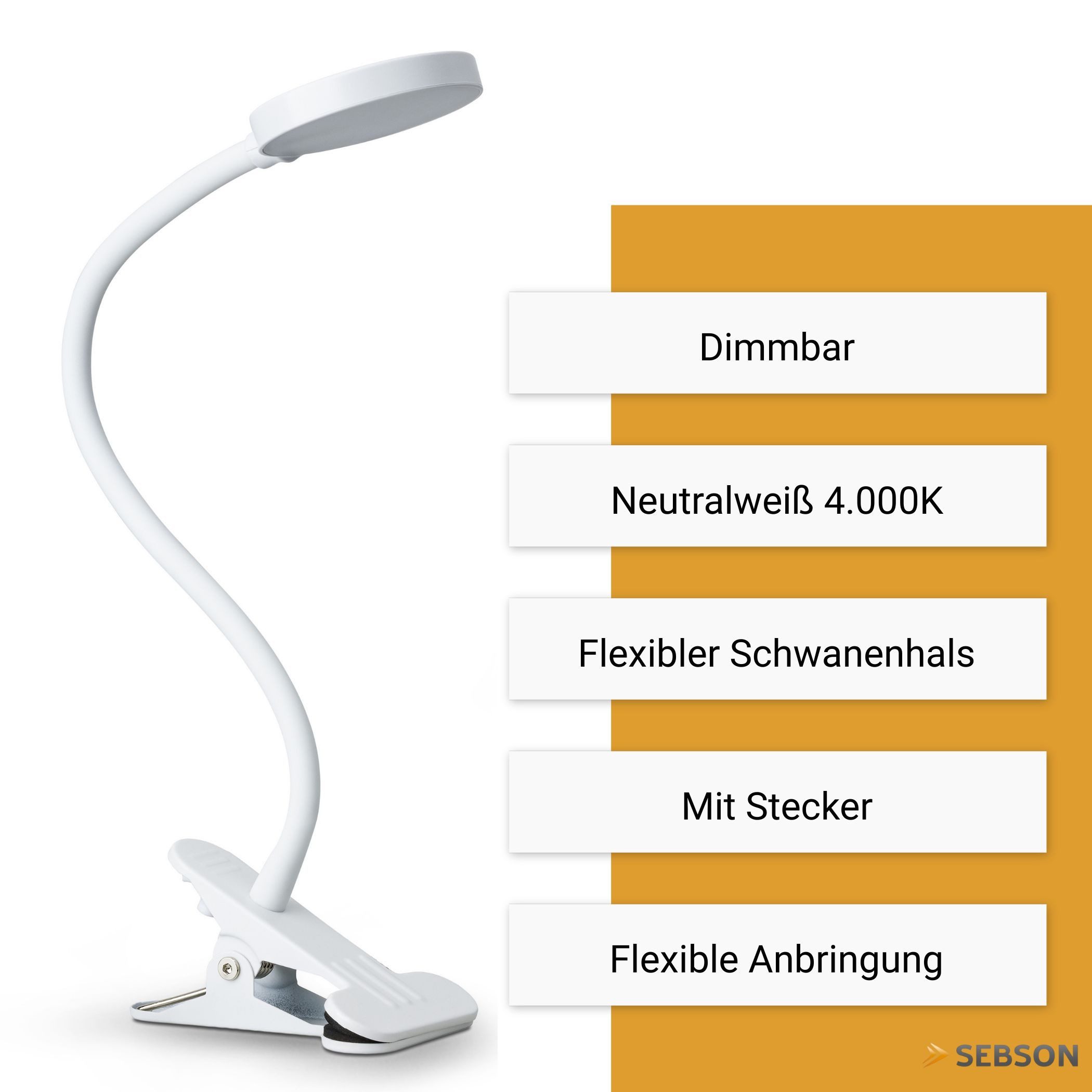 SEBSON LED Steckdosenleuchte LED Klemmlampe Bett 4W - Stecker, dimmbar, neutralweiß, Tischlampe, LED integriert, neutralweiß, Neutralweiß 4000K, 300lm, 4W, Dimmbar in 3 Stufen, inkl. Netzteil