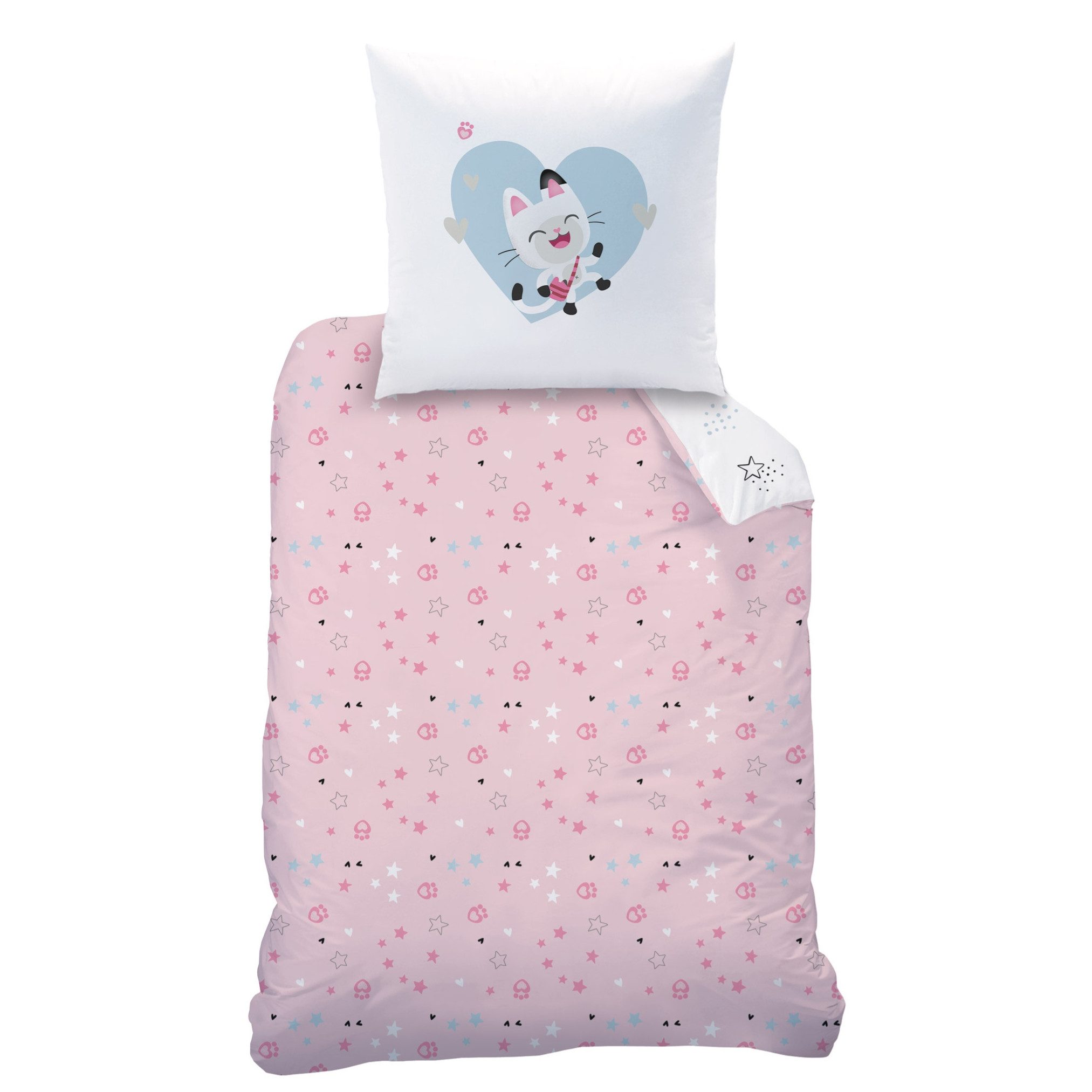 MTOnlinehandel Bettwäsche Gabby's Dollhouse 135x200 + 80x80 cm, 100% Baumwolle, 2 teilig, Herzmotiv mit Gabby, Meerkatze und Panda Pfötchen
