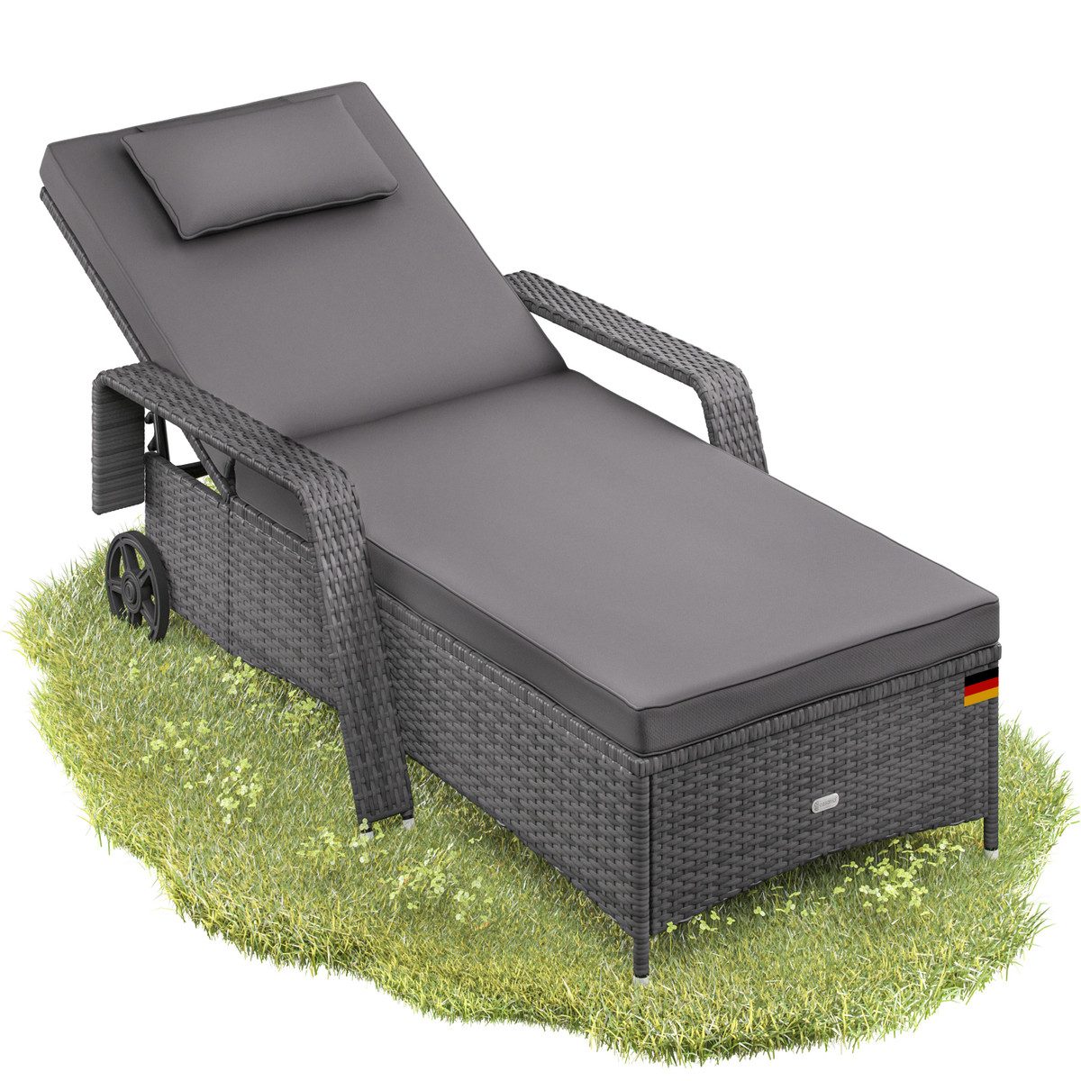 Casaria Gartenliege, 165kg Belastbar 7cm Auflage mit Rollen Sonnenliege 5fach verstellbar