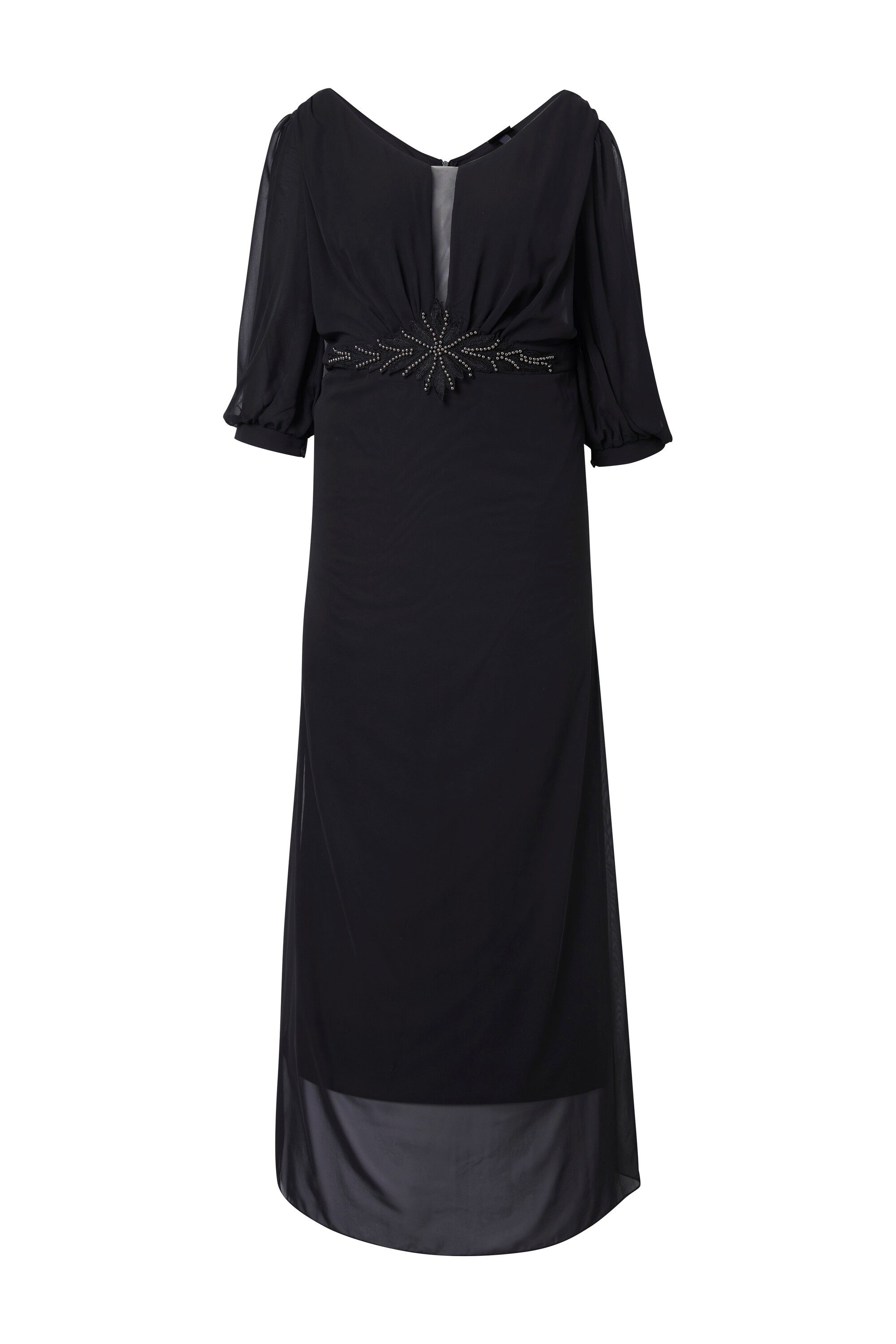 Ulla Popken Cocktailkleid Chiffon-Maxikleid doppellagig V-Ausschnitt 3/4-Ar günstig online kaufen