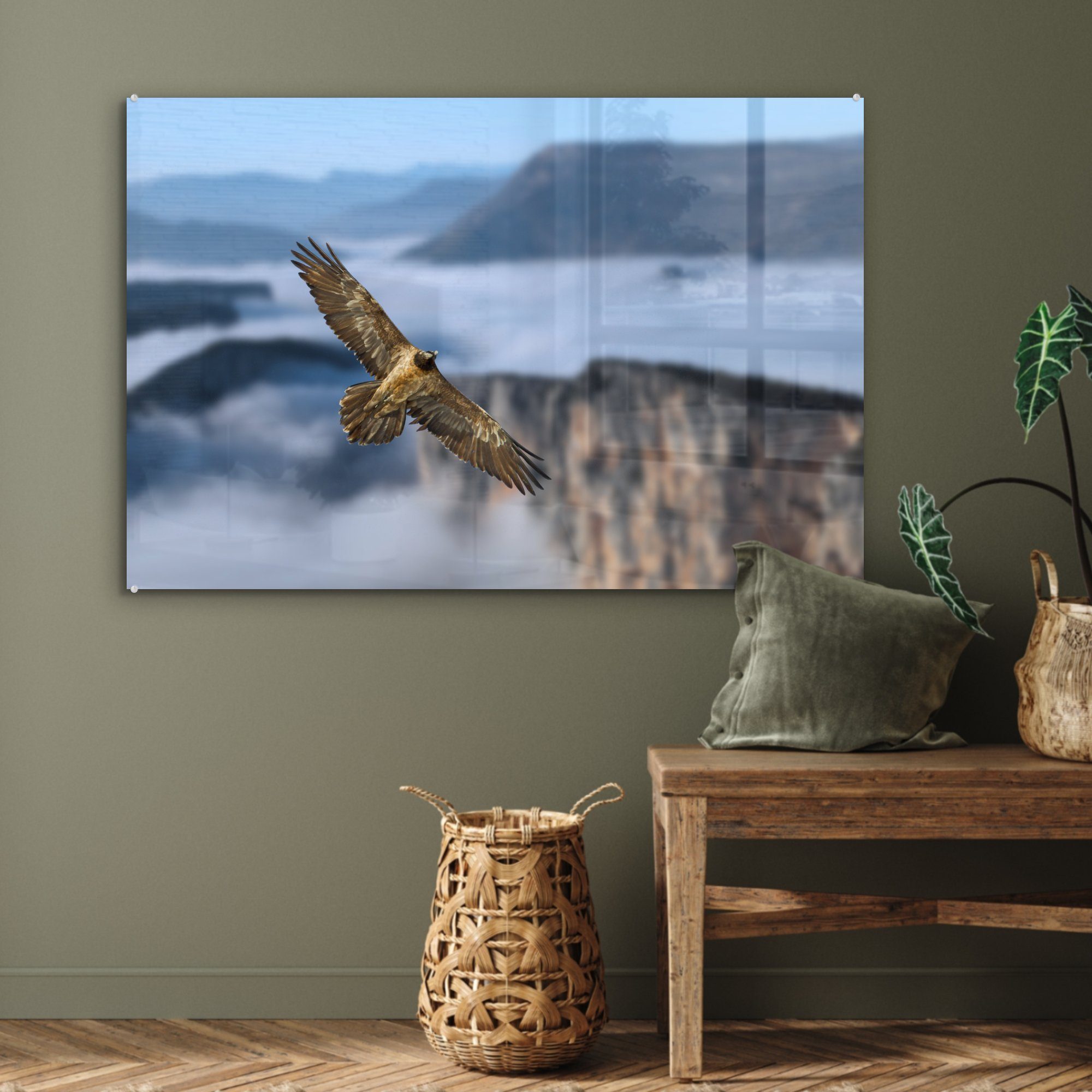 Acrylglasbilder Schlafzimmer im Berglandschaft, Wohnzimmer Bartgeier (1 St), & über Acrylglasbild eine Flug MuchoWow
