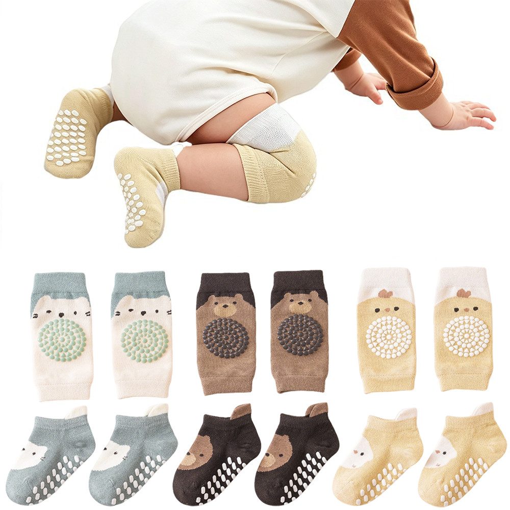 AFKSMILE Socken 3 Paar Baby Socken und Baby Knieschoner Baby Krabbel Knieschoner Anti Rutsch mit Gummipunkte Krabbelschoner Stulpen Knieschützer