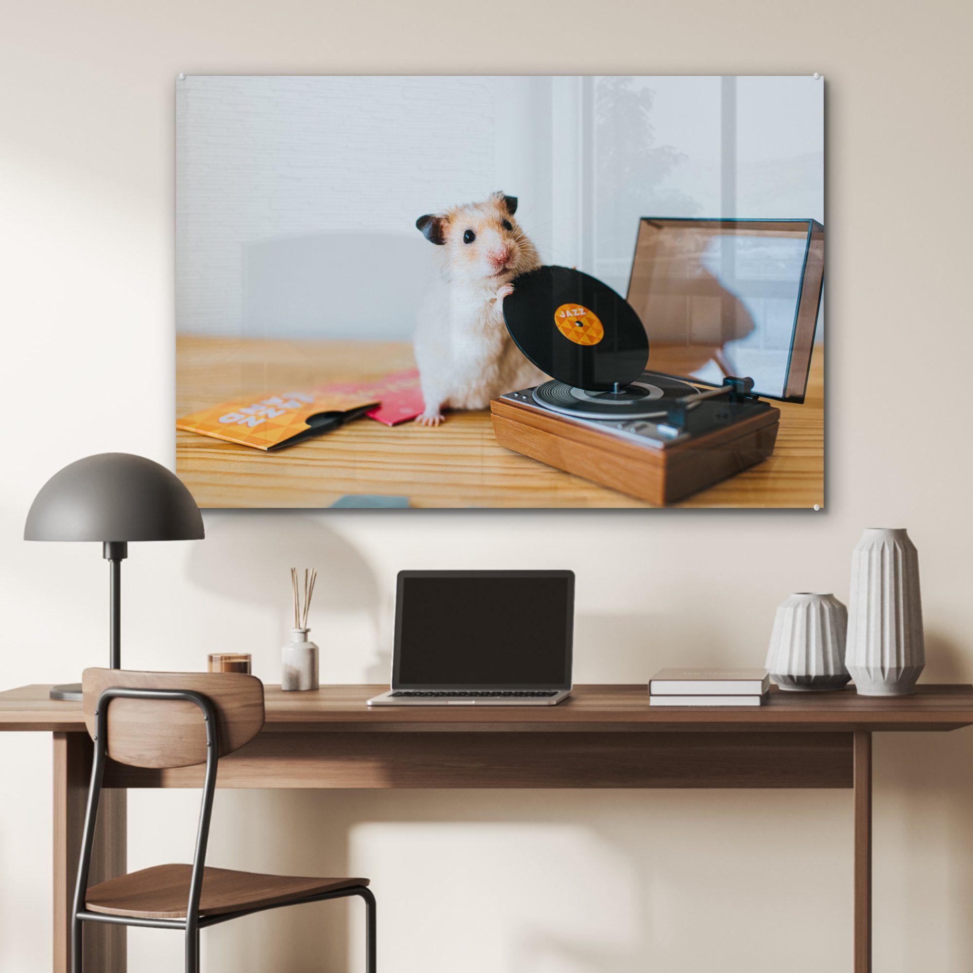 Schlafzimmer St), Wohnzimmer - Acrylglasbilder & MuchoWow Musik, Hamster (1 Plattenspieler - Acrylglasbild