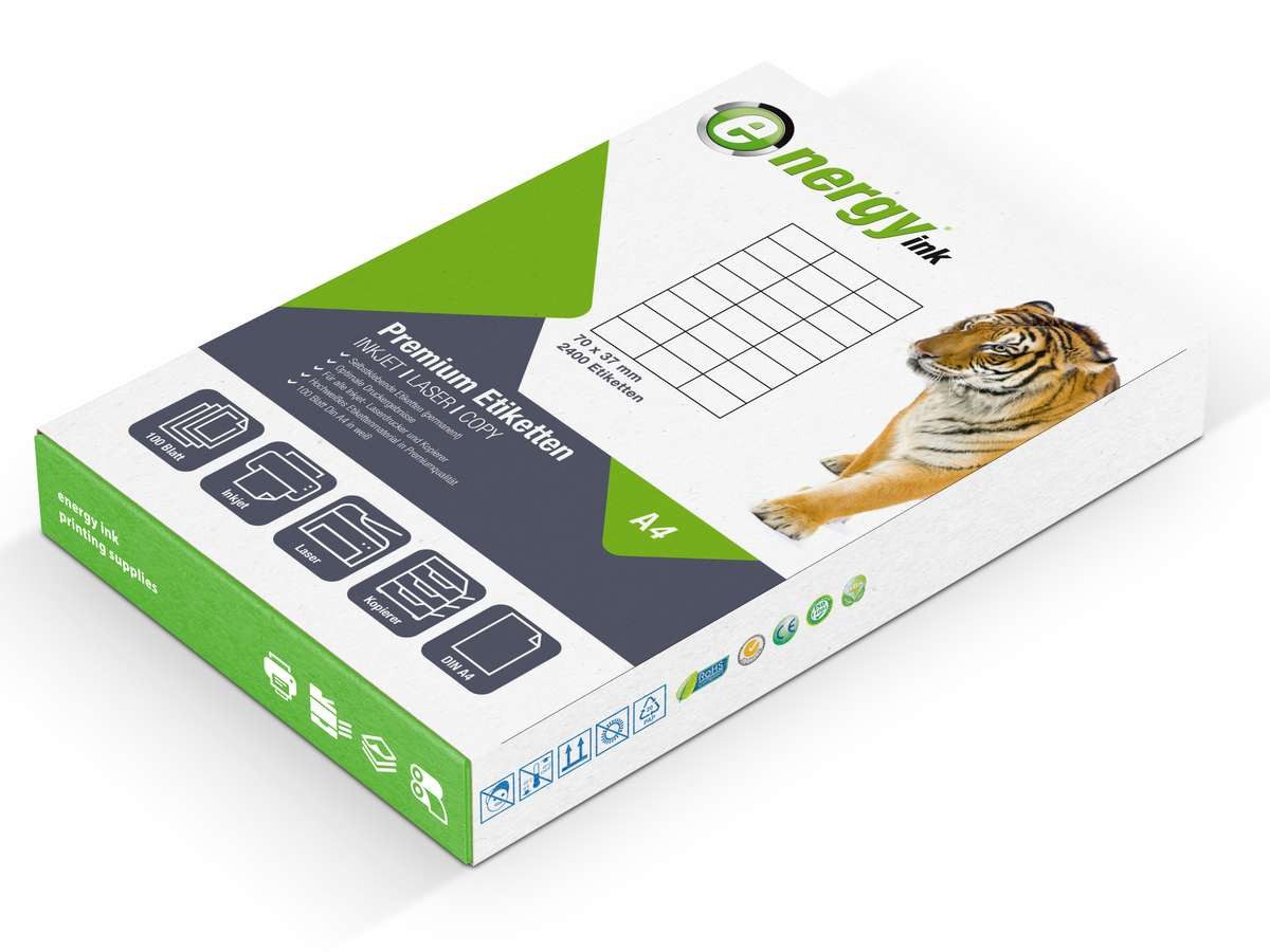 Energy-ink Etikettenpapier energy ink ET70x37, Etiketten 70x37mm 100 Blatt 2400 Etiketten selbstklebend