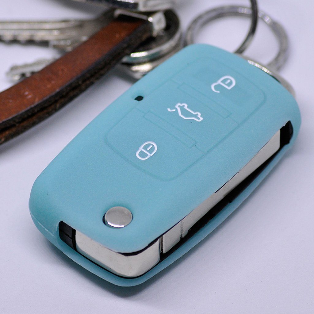 mt-key Schlüsseltasche Autoschlüssel Softcase Silikon Schutzhülle fluoreszierend Blau, für VW Seat Skoda bis 11/2009 3 Tasten Klappschlüssel | Schlüsseltaschen