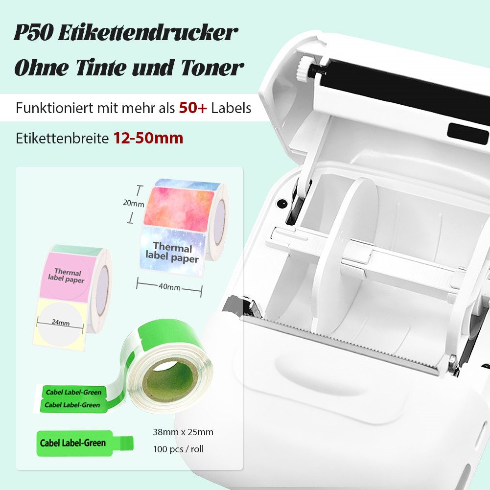 FANNOU P50 Etikettendrucker Bluetooth, Thermoetikettendrucker Etikettendrucker, (Beschriftungsgerät Selbstklebend für Einzelhandel, Büro, Supermarkt)