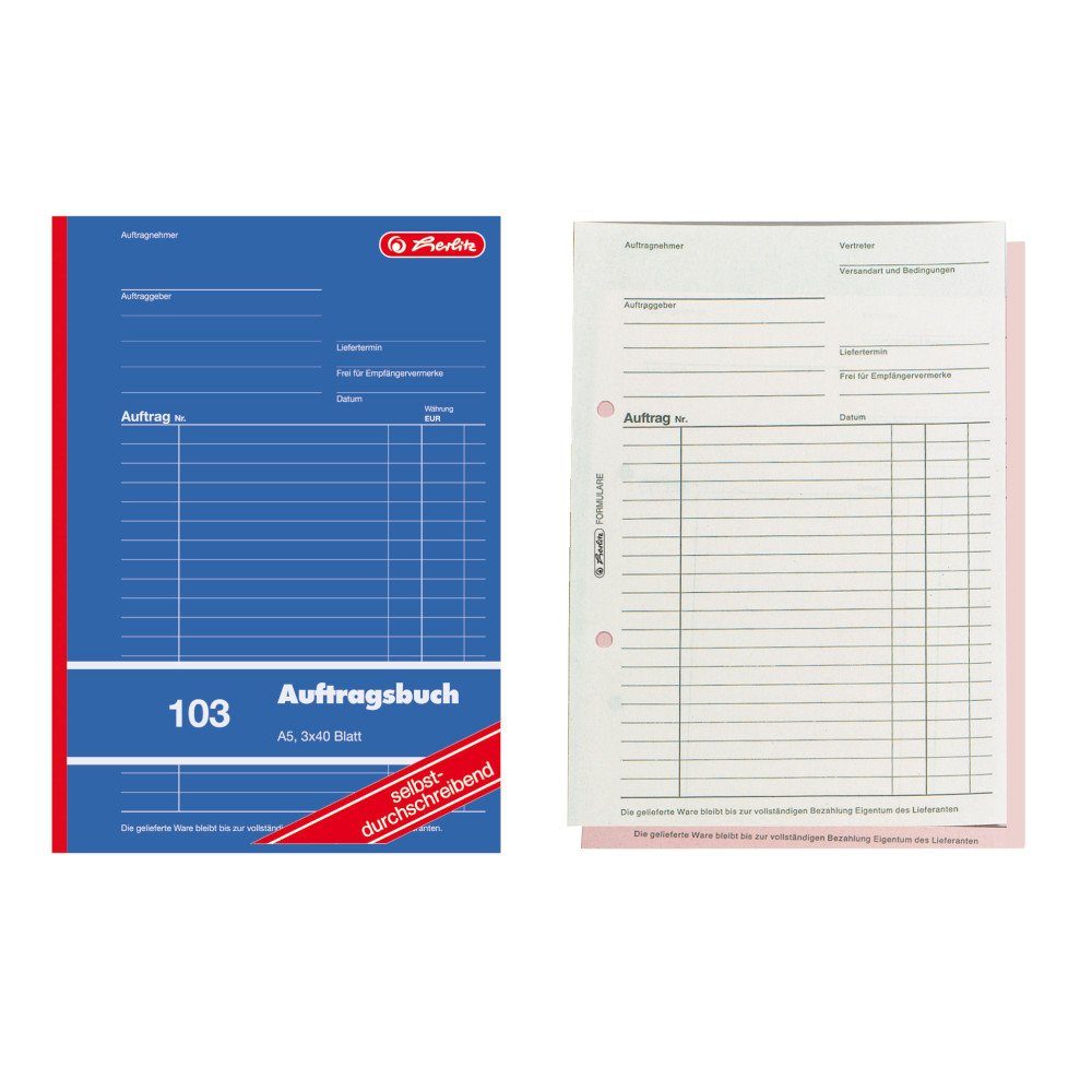 Geschäftspapier Herlitz Auftragsbuch 103 / A5 / 3x 40 Blatt / selbstdurchschreibend