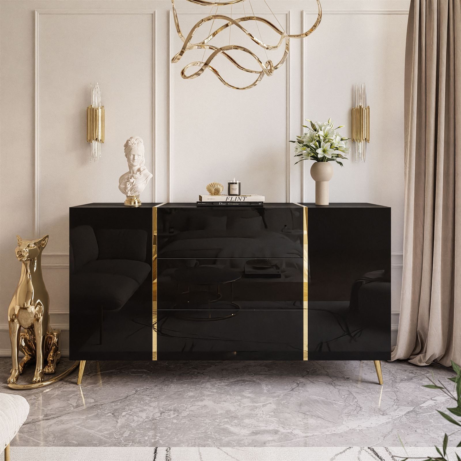 yourhouse24 Kommode ONYX goldenen Beinen Sideboard Hochglanz Push-Open / Goldgriffe 158 cm