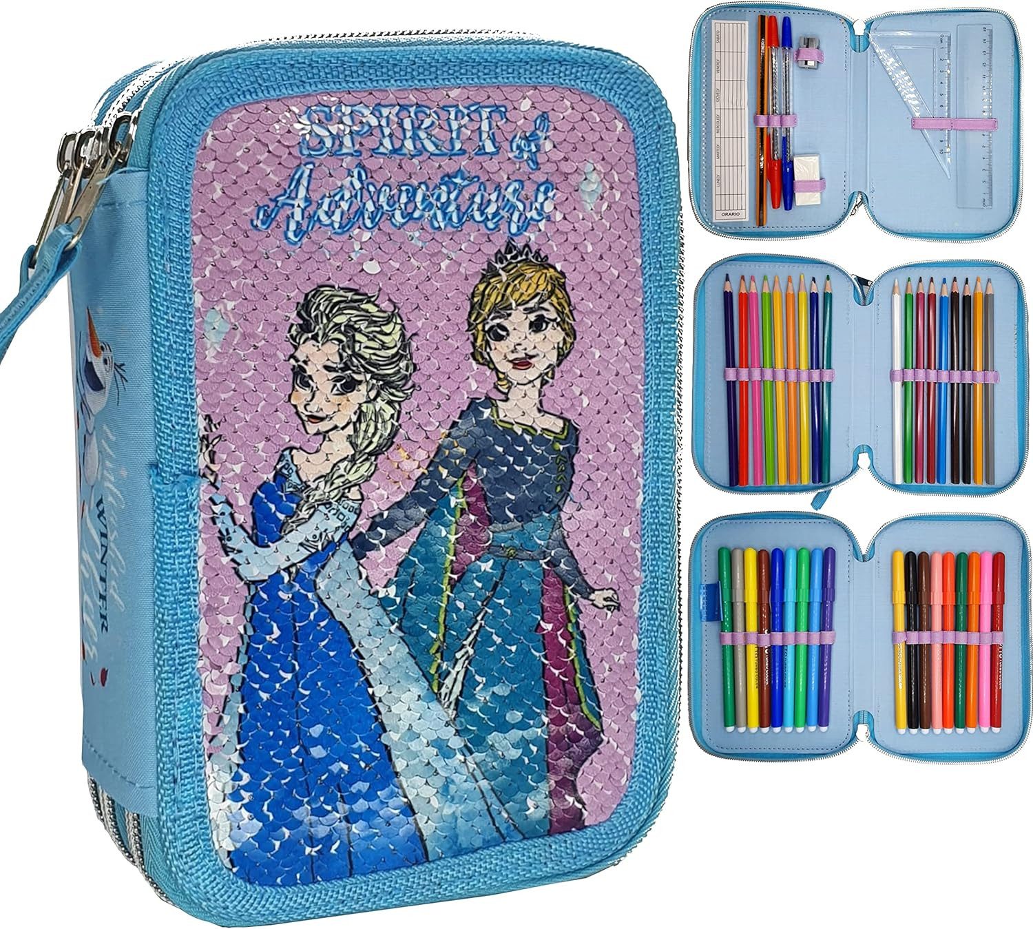 GOLDKIDS Federmäppchen Frozen Eiskönigin Anna ELSA Olaf XXL Pailletten Federtasche, (Olaf XXL Pailletten Federtasche Federmappe, 1-tlg., Schüleretui Federtasche Federpenal), Schülmäppchen 44-teilig gefüllt
