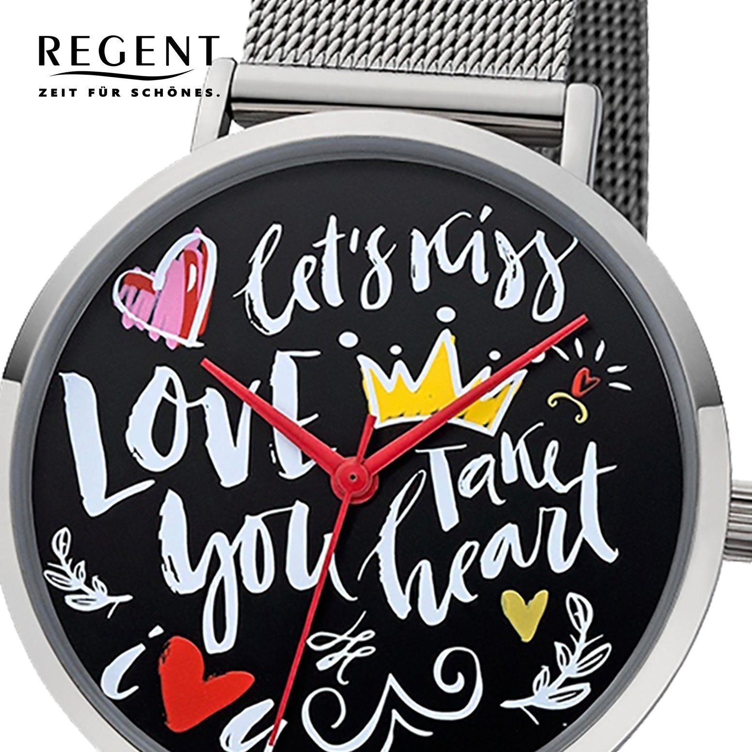 Regent Quarzuhr Regent Damen Uhr Scribble Look BA-516, (Analoguhr), Damen Armbanduhr rund, mittel (ca. 35mm), Metallarmband