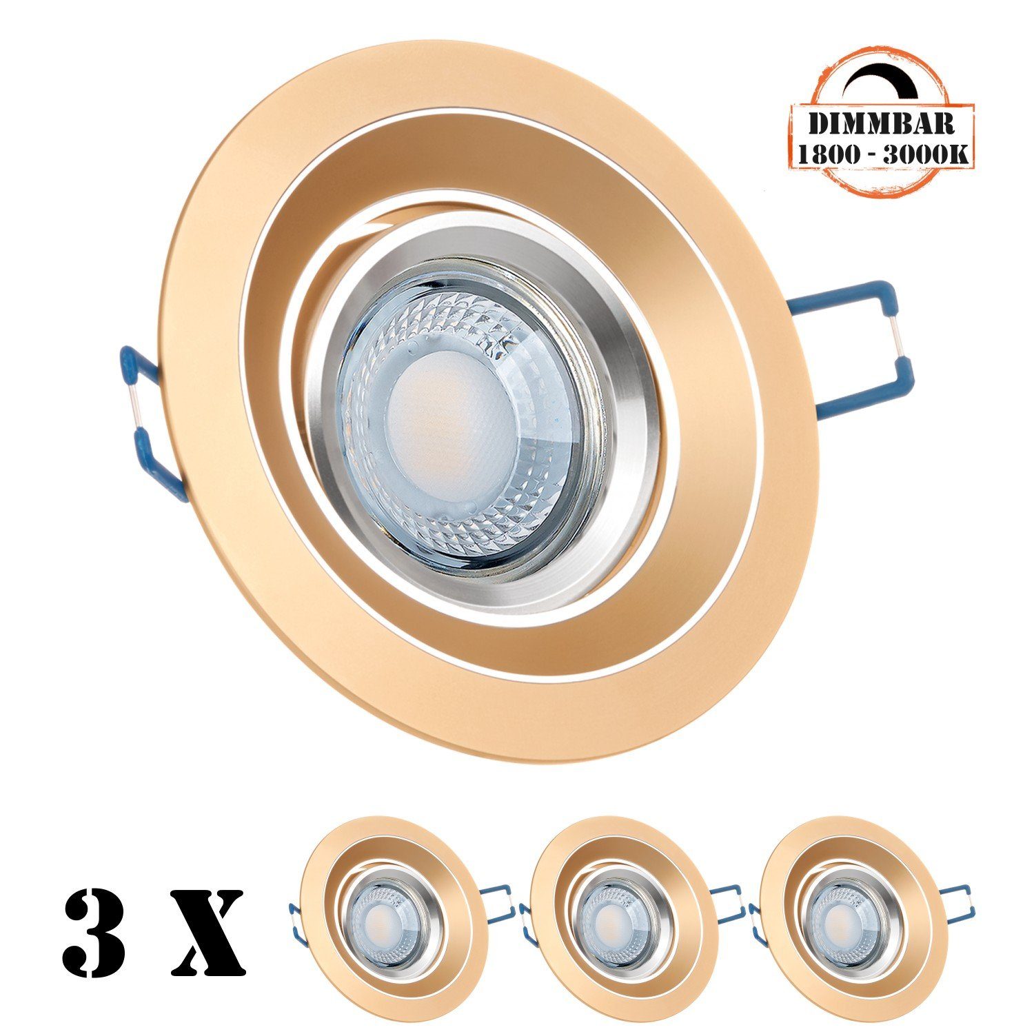 LEDANDO LED Einbaustrahler 3er LED Einbaustrahler Set extra flach in gold / messing mit 5W LED vo