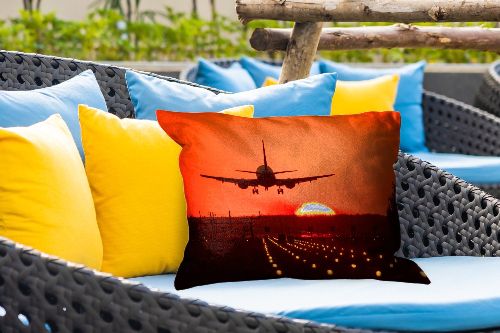 MuchoWow Flugzeug Sonne, Dekokissenbezug, Orange Outdoor-Dekorationskissen, Polyester, - Kissenhülle - - Sonnenuntergang Dekokissen