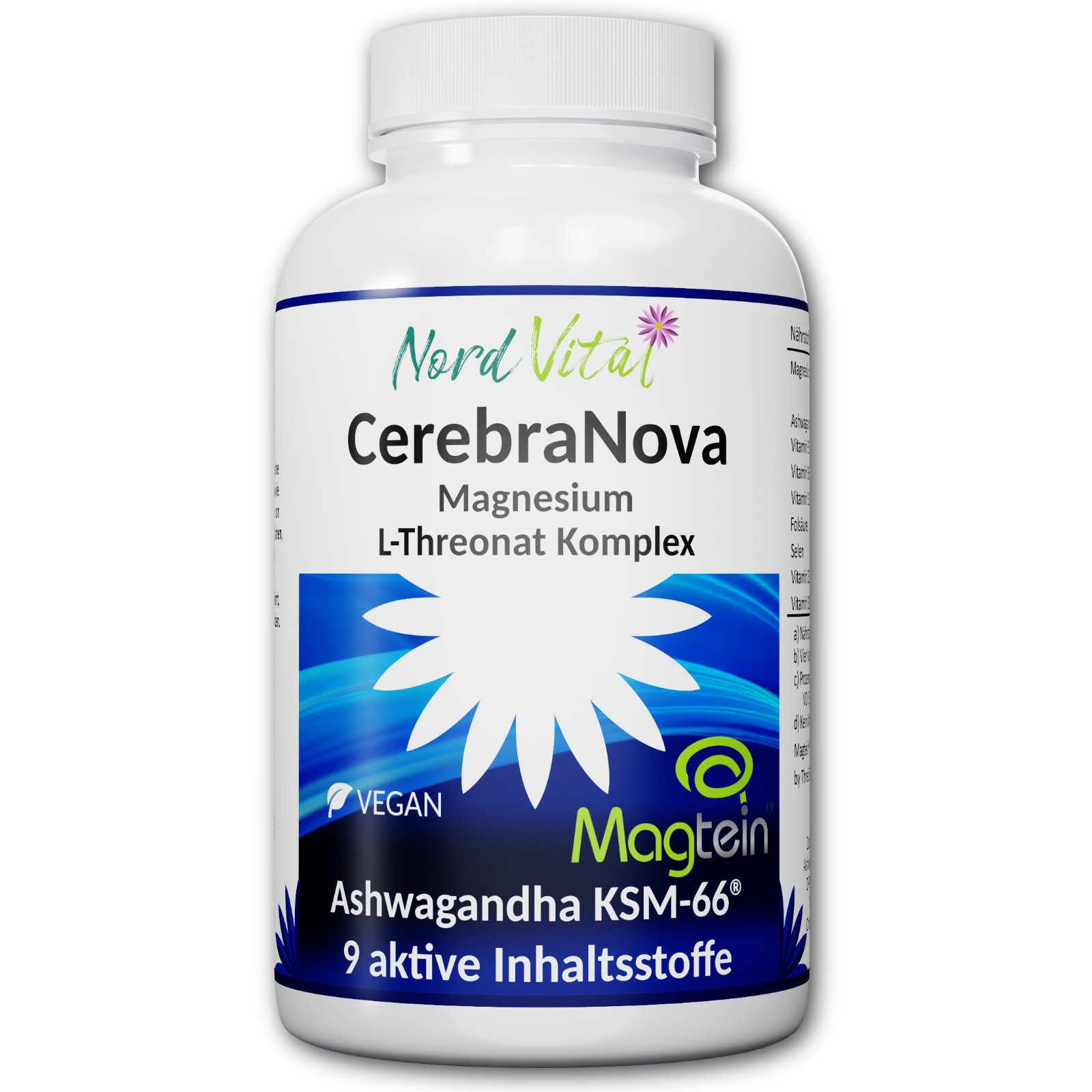 Nord Vital Magnesium L-Threonate - Magtein & Ashwagandha Komplex - 120 Kapseln Kapseln, 93 g