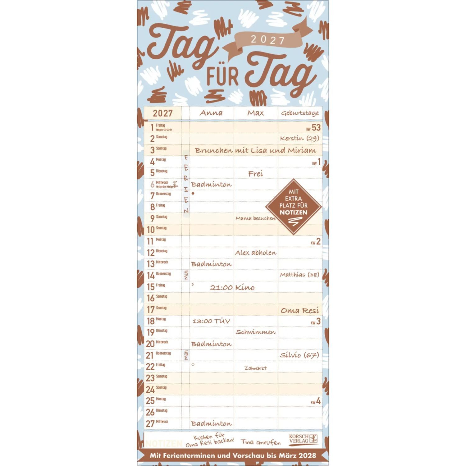 Korsch Verlag Wandkalender Premium Familientimer Tag für Tag 2027