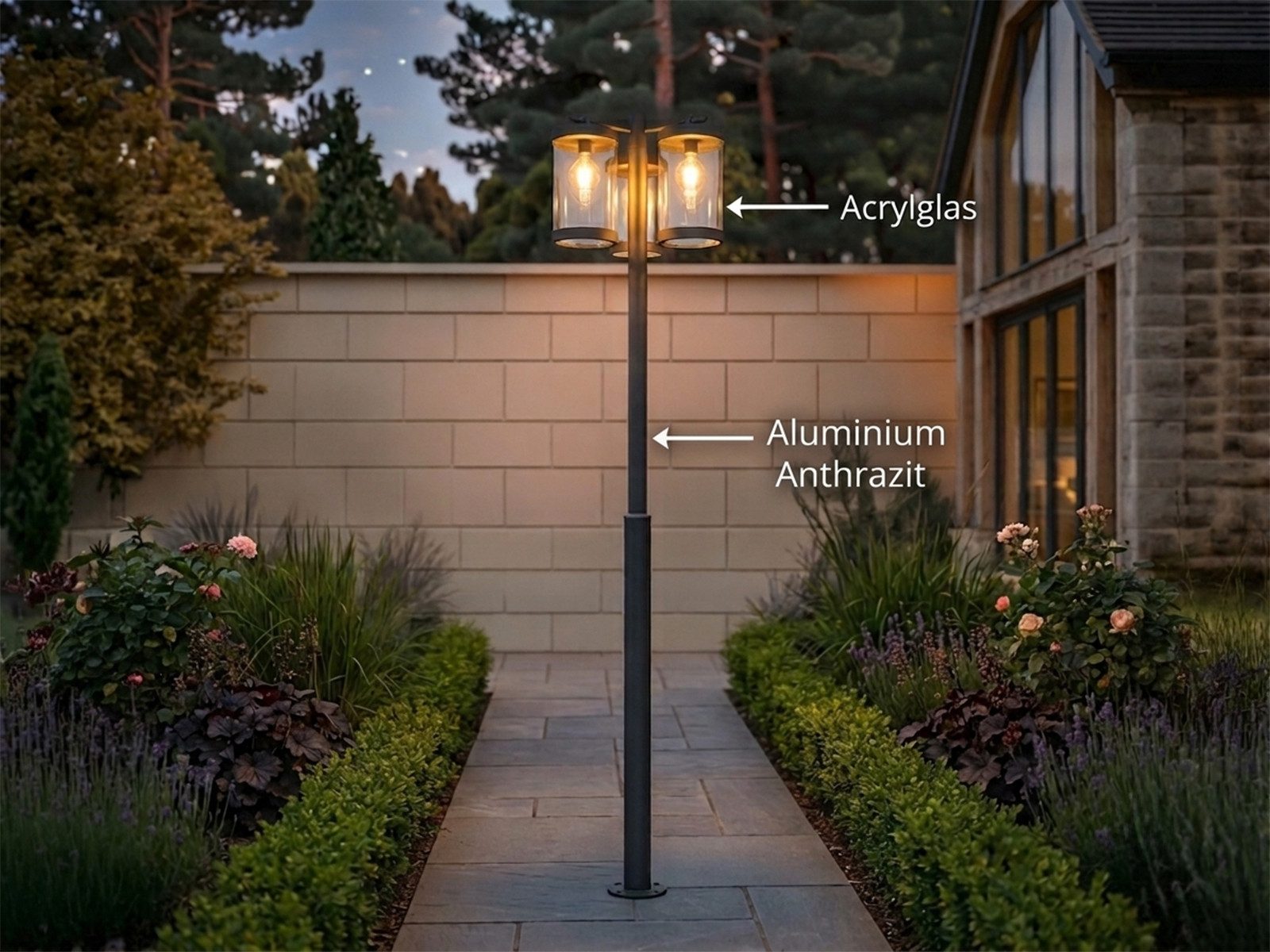 TRIO Leuchten LED Pollerleuchte 3-flammig inklusive E27 LEDs Höhe 240cm, LED wechselbar, Warmweiß, Landhaus-stil Straßenlaterne aus Aluminium zur Garten-Wegbeleuchtung