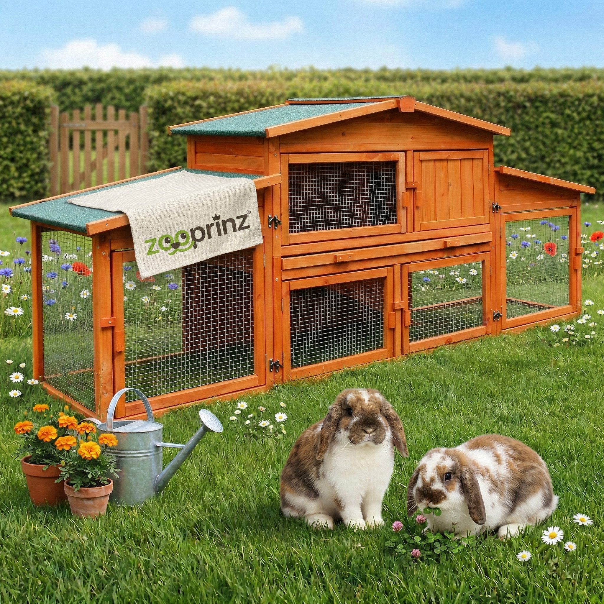 Zooprinz Kleintierstall König XXL mit Doppelauslauf 228x90x62 cm (BxHxT), Kiefernholz, Bitumendach, Wetterfest