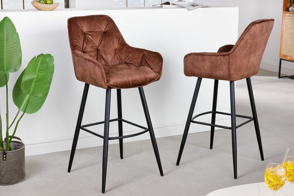 riess-ambiente Barhocker MILANO rostbraun/schwarz - Samt, Metallgestell, mit Lehne & Fußablage (Einzelartikel, 1 St), Stuhl mit Chesterfield-Steppung – ideal für Deinen Küchentresen