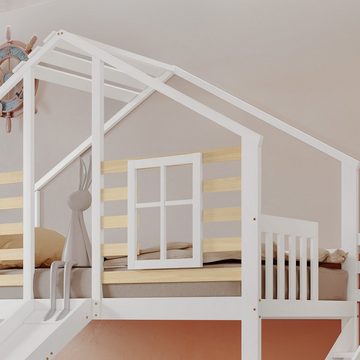Ulife Etagenbett Doppelbett Kinderbett Hausbett mit Rutsche und Treppe, Blockhaus Kinderbett mit Absturzsicherung und Fenster,90x200 cm