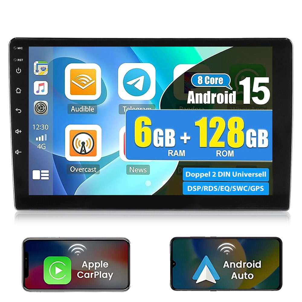 ESSGOO 10'' DAB+ 2DIN 6+128G Android 15 GPS Navi DAB Bluetooth WIFI Carplay Autoradio (DAB+ (optional), DAB (optional), RDS, 6GB+128GB, AM, FM, 10 Zoll Octa-Core 8-Kern DSP 4G LTE SWC BT EQ GPS Navi WIFI)