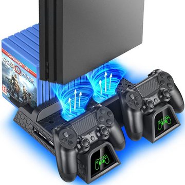Novzep Multifunktionaler Kühlständer kompatibel mit PS4/PS4 Slim/PS4 Pro, Batterie-Ladegerät (vertikaler Kühlerlüfter mit Ladestation, 10 Spielspeicherplätze)