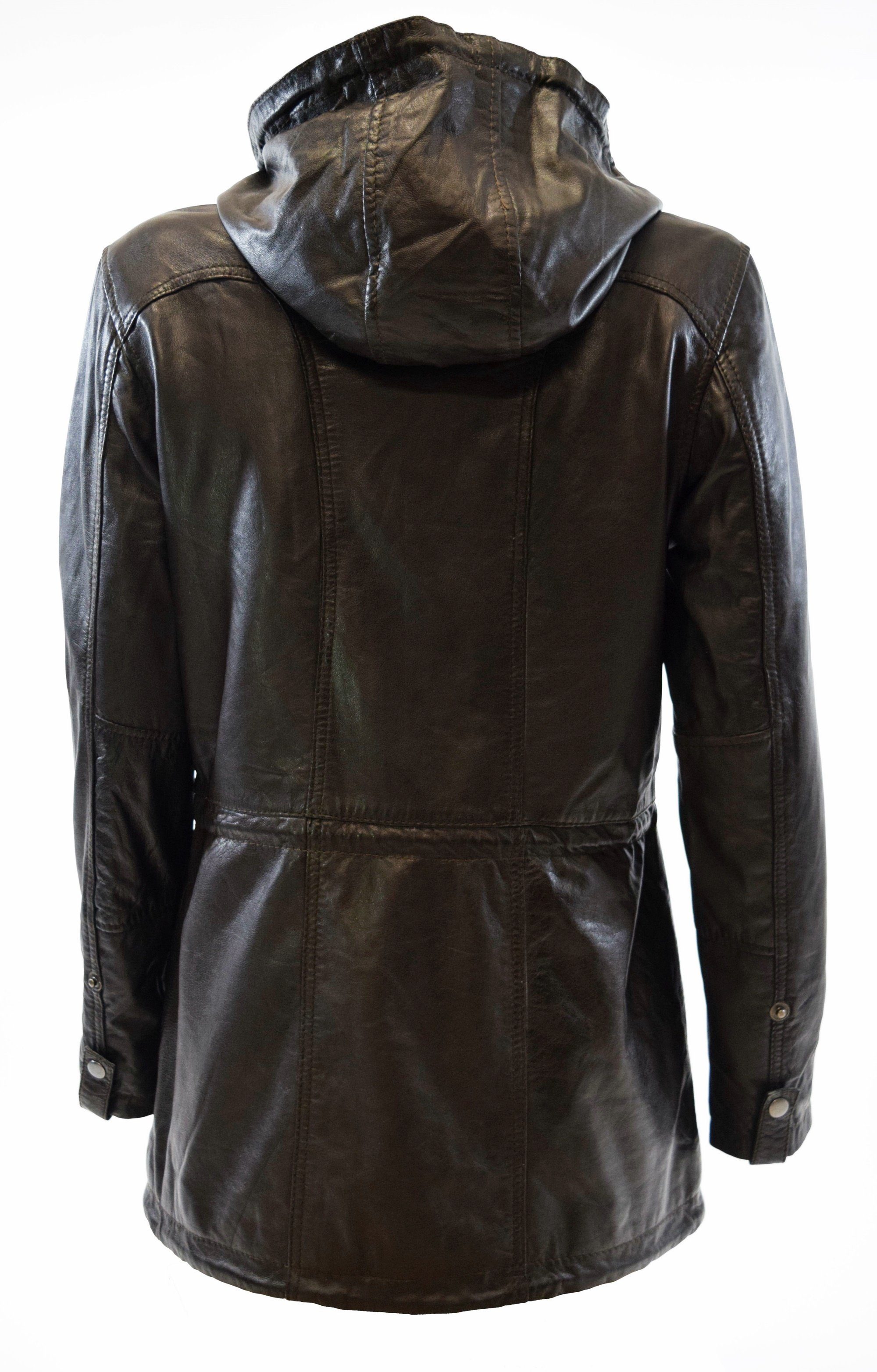 Zimmert Leather Jacke washed Cognac, Mocca Schwarz, Kapuze, Lammnappa, Lederjacke Lila Braun, lange