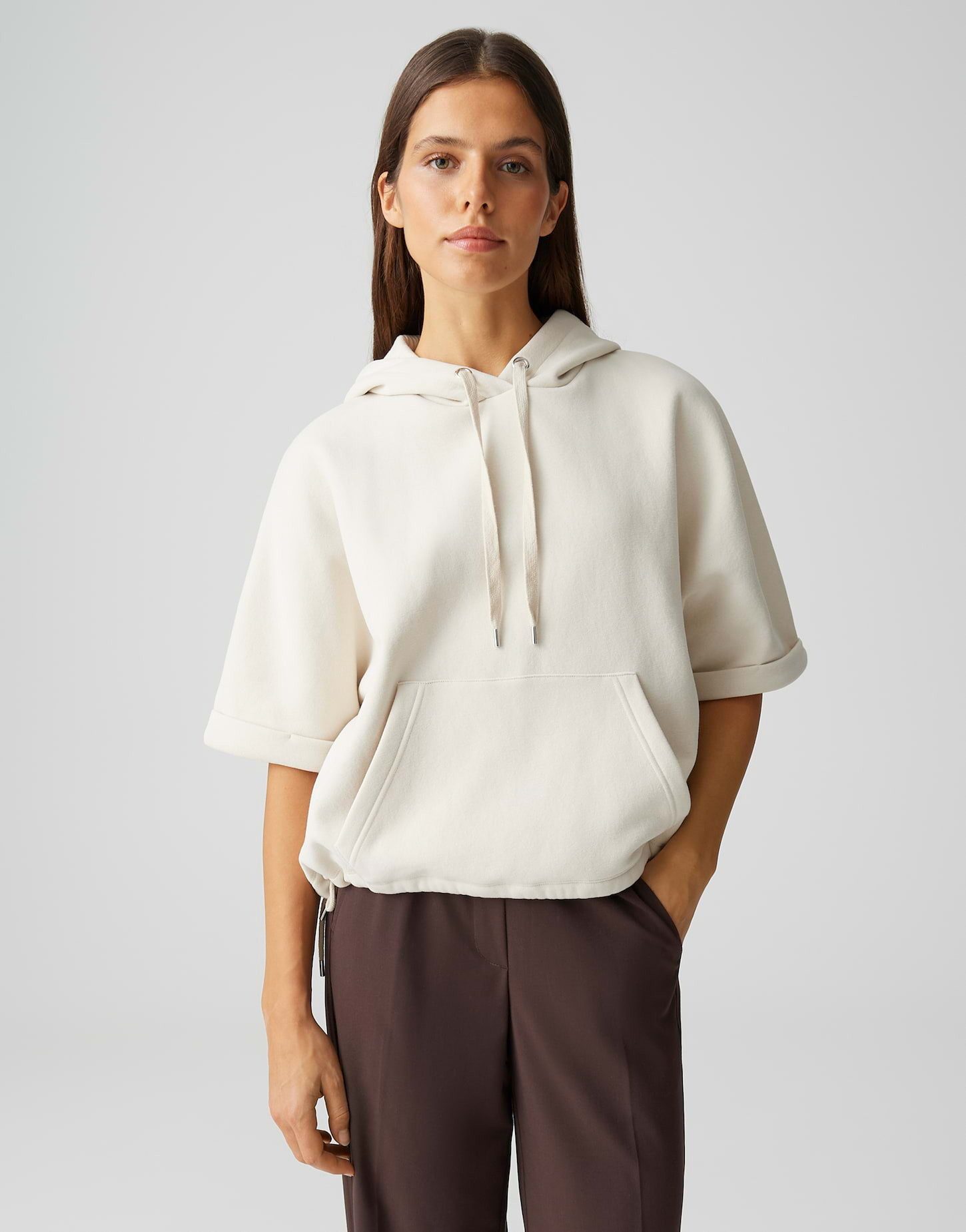 OPUS Hoodie Hoodie aus Sweatware mit samtiger Oberfläche Kängurutasche vorne, Tunnelzug im Saum