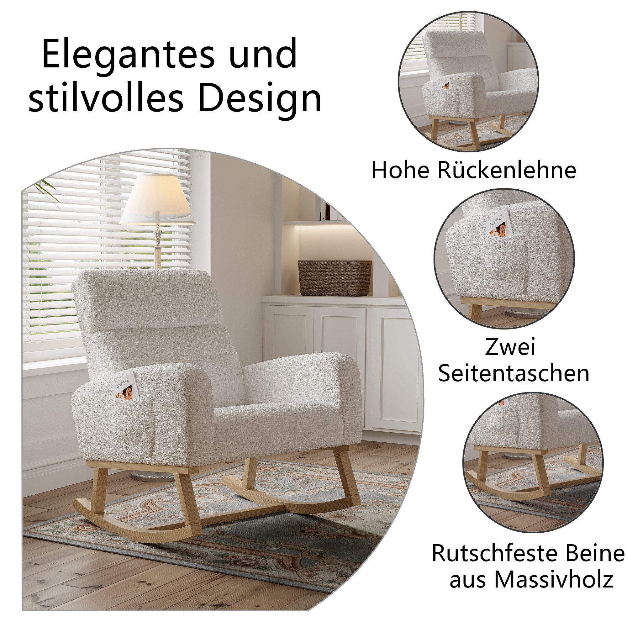Simurq Schaukelstuhl Schaukelstuhl Teddy-Plüsch mit hoher Rückenlehne, bis 136 kg (Set), Teddy-Bezug, hohe Rückenlehne, Seitentaschen & Holz-Kufen