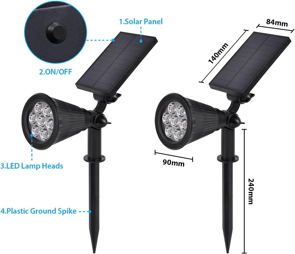 Salcar LED Solarleuchte 2 Set Solarleuchten Außen LED Gartenstrahler Solarspot Solarstrahler, 2 Helligkeitsstufen, 350 lm Solarstrahler mit 2-in-1 Montage, 1800 – Bild 5 von 5