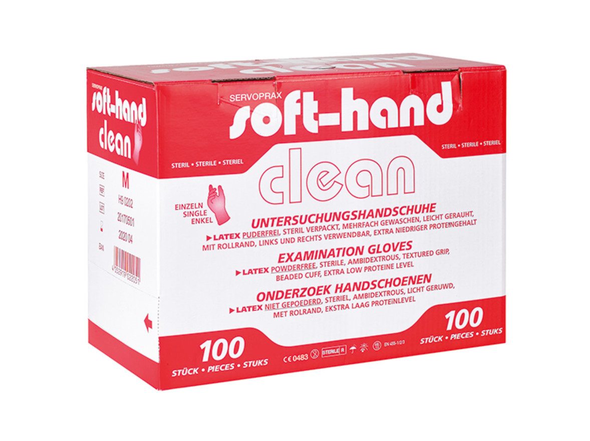 DocMed Latexhandschuhe Soft-Hand Clean einzeln steril verpackt (Reißfeste Handschuhe, 100-St., Handschuhe mit verlängerter Stulpe, Allergikerfreundliche Handschuhe) Hoher Tragekomfort, Leicht angeraute Oberfläche