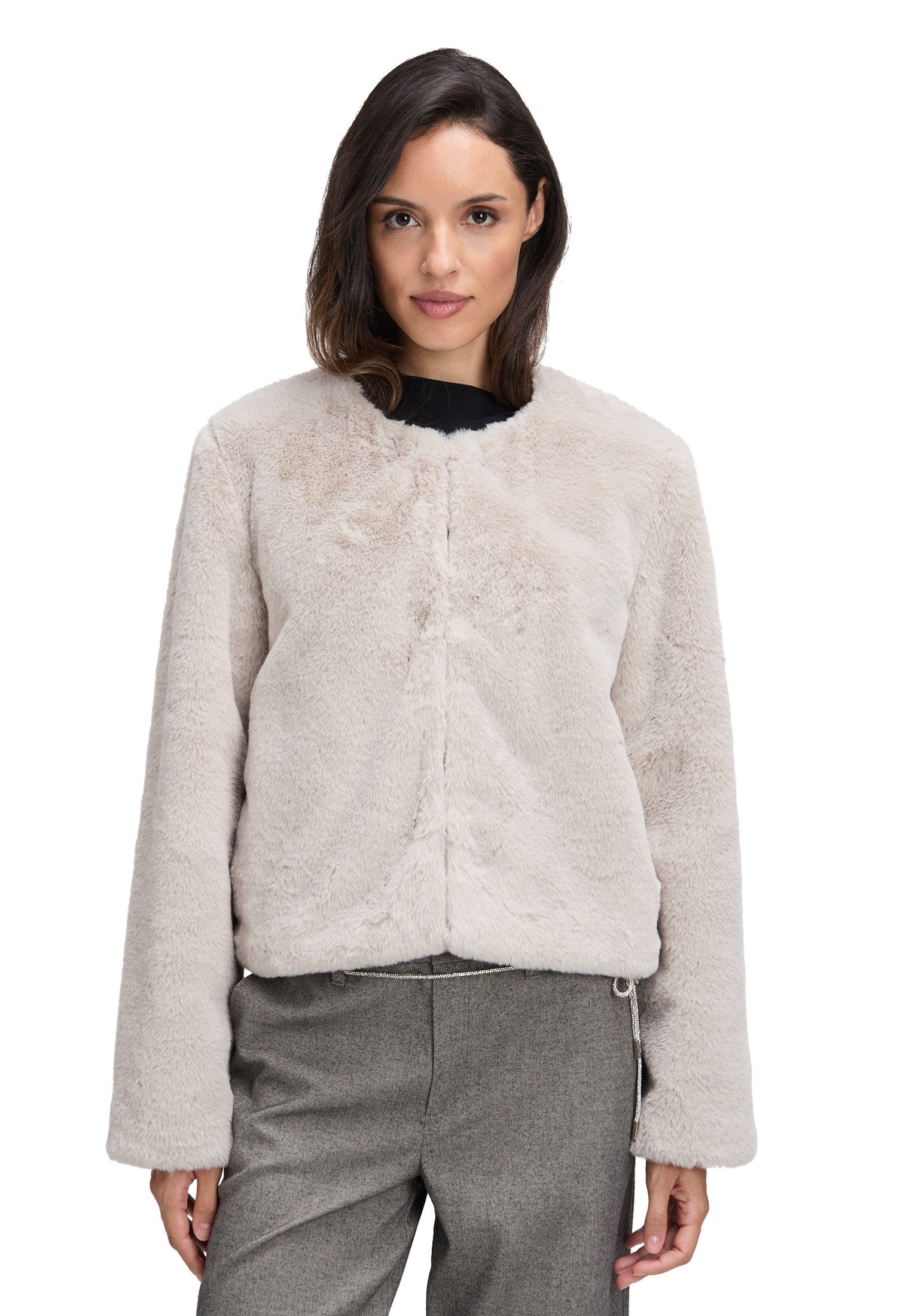 Cartoon Fellimitatjacke Damen Kunstfell-Jacke mit Eingrifftaschen günstig online kaufen