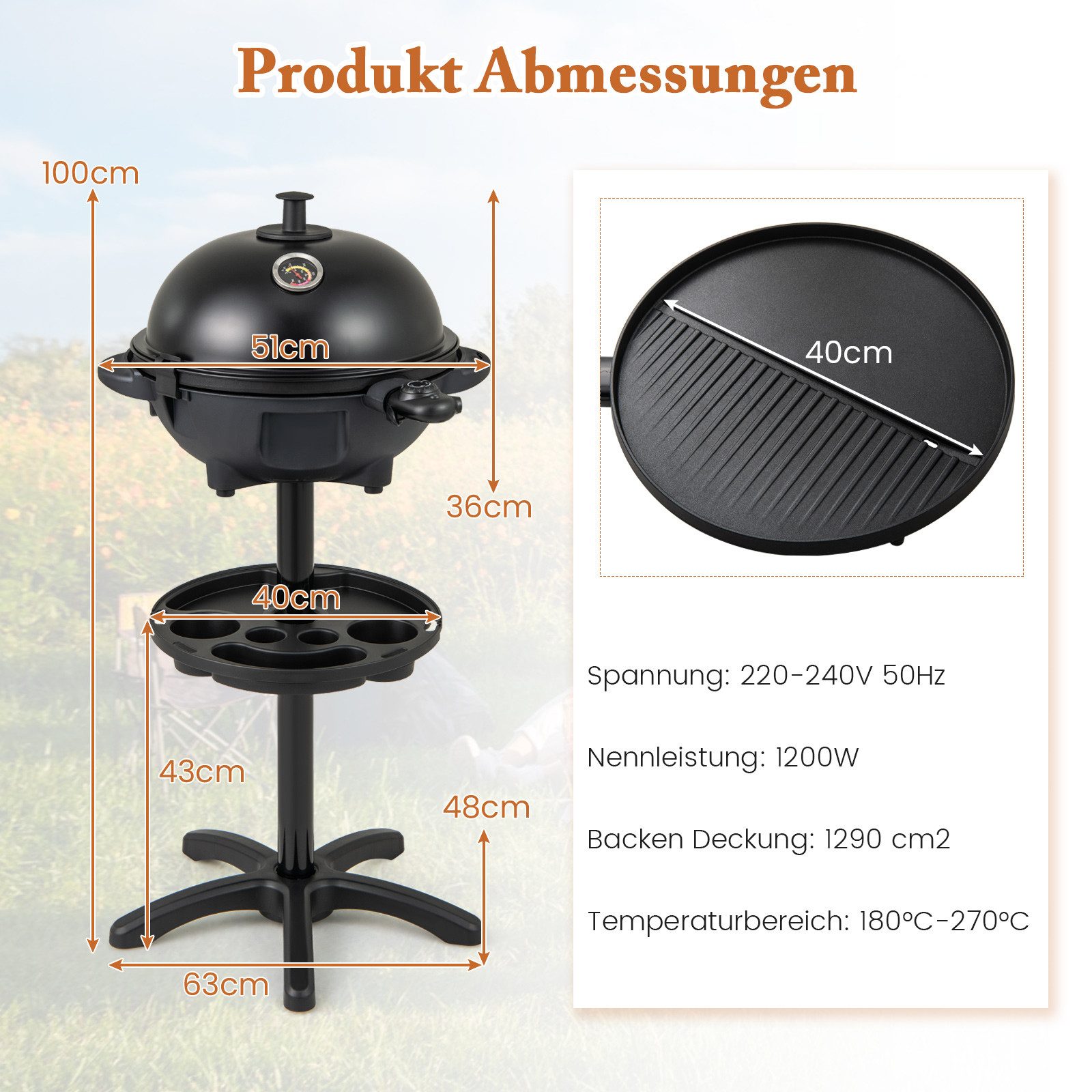 KOMFOTTEU Elektro-Standgrill, 1200 W, mit einstellbarer Temperatur, 2-Zonen Antihaftplatte