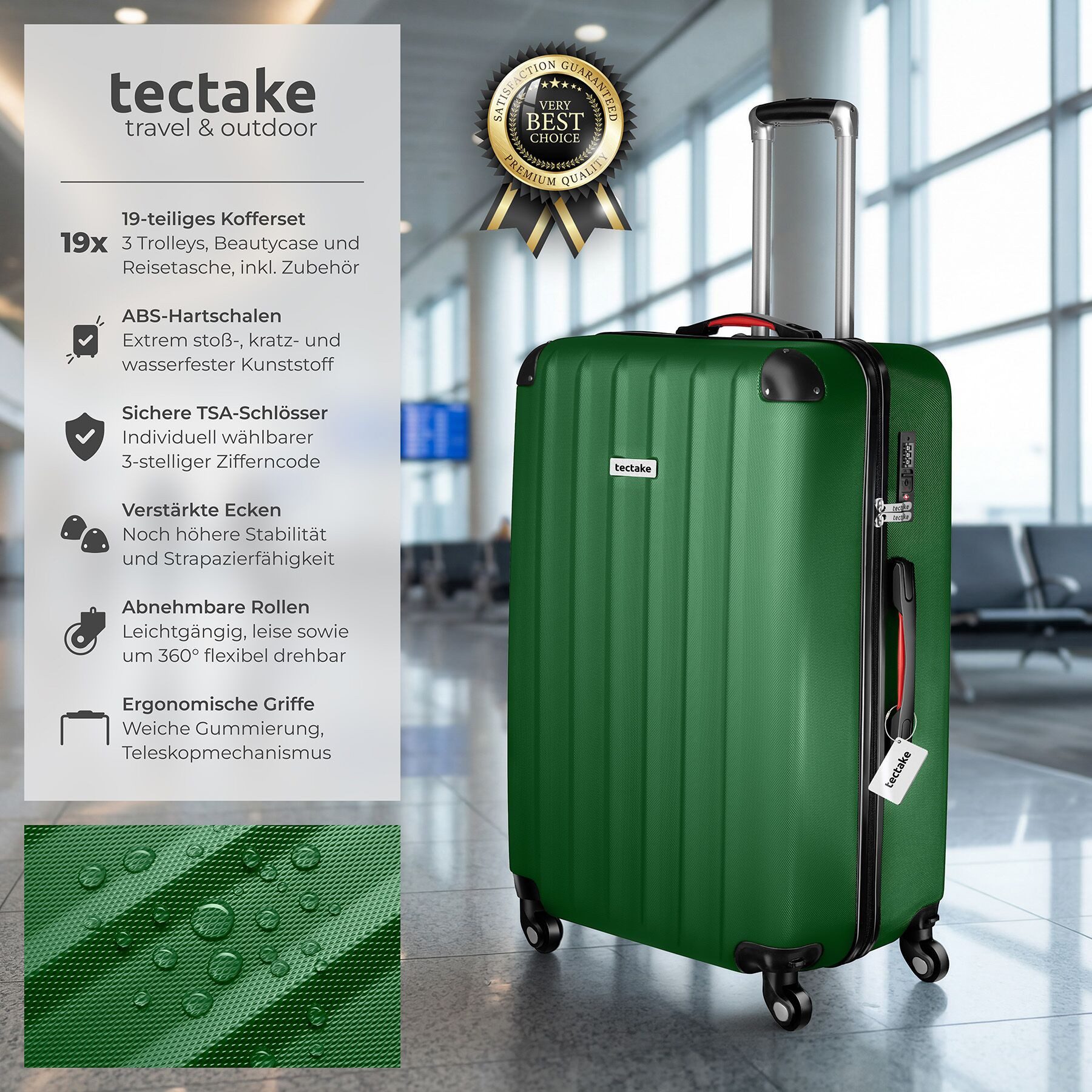 tectake Trolley Hartschalenkoffer-Set 19-teilig aus ABS-Kunststoff, Kofferwaage, 4 Rollen, TSA-Schloss, 360° drehbare, abnehmbare Rollen, mit Packwürfelset