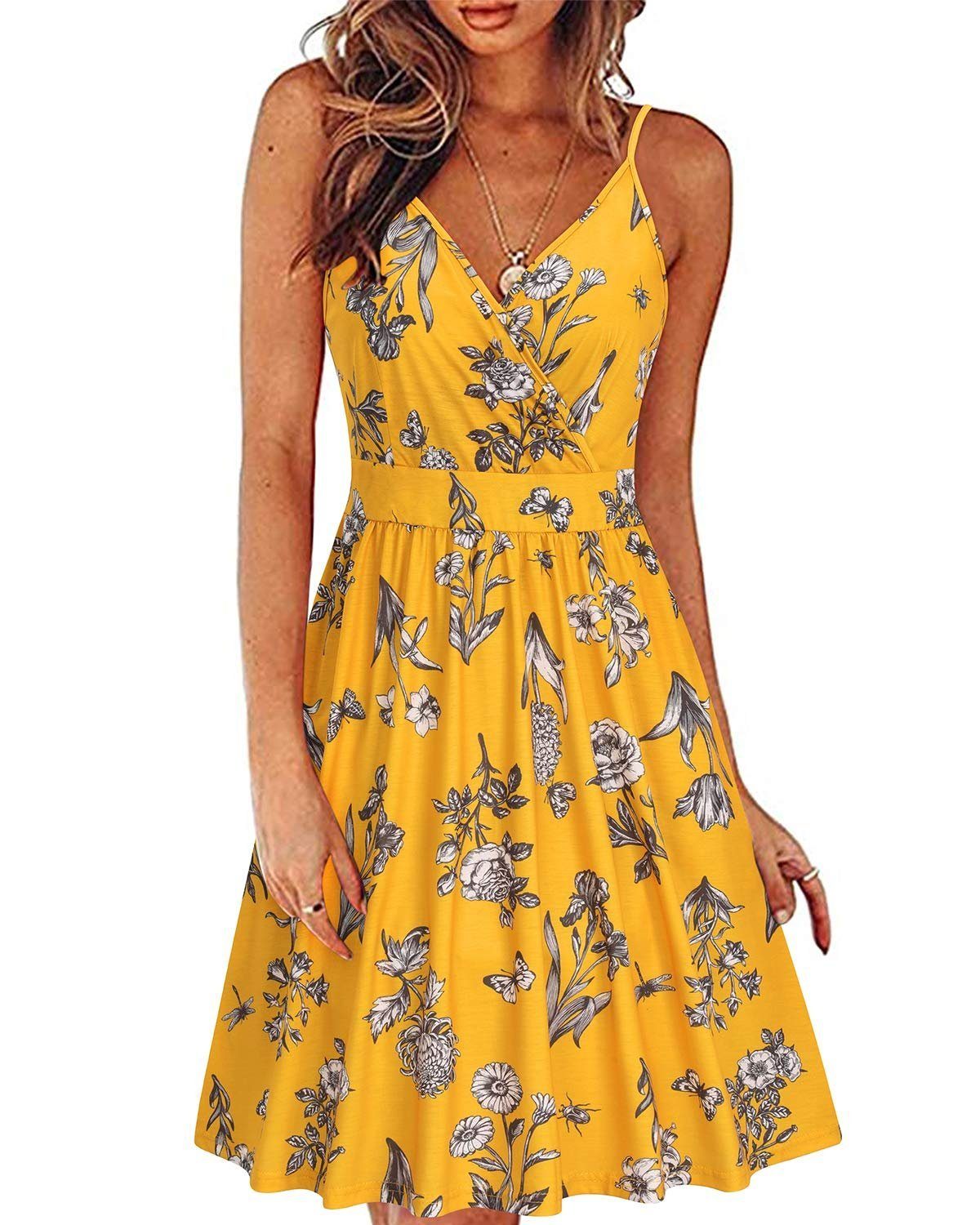 Damen OTGFNN21S234 Kleid Tank Ärmelloses Strandkleid Sommerkleid V-Ausschnitt G4Free Midilänge Kleider Blumen Sommer Vintage mit Gelb-NN234C Taschen