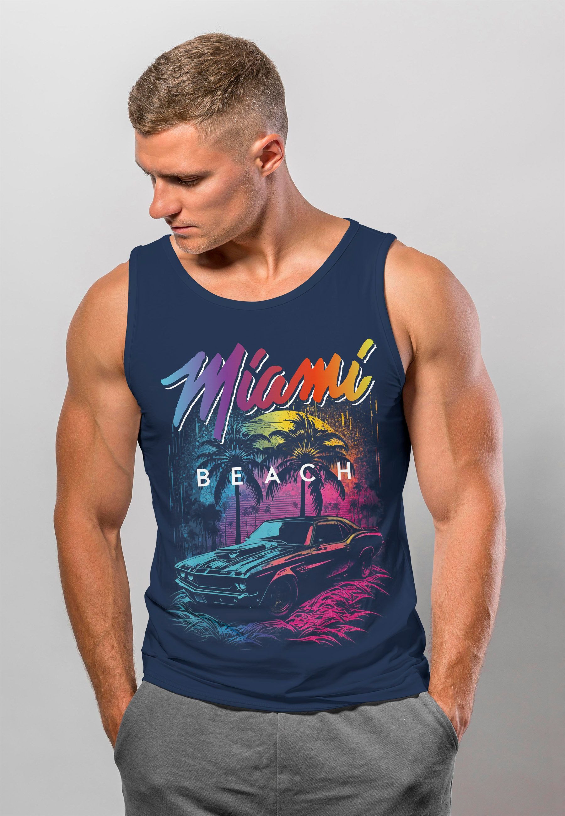 Neverless Tanktop Herren Tank-Top Miami Beach USA Oldtimer Car Palmen Print günstig online kaufen
