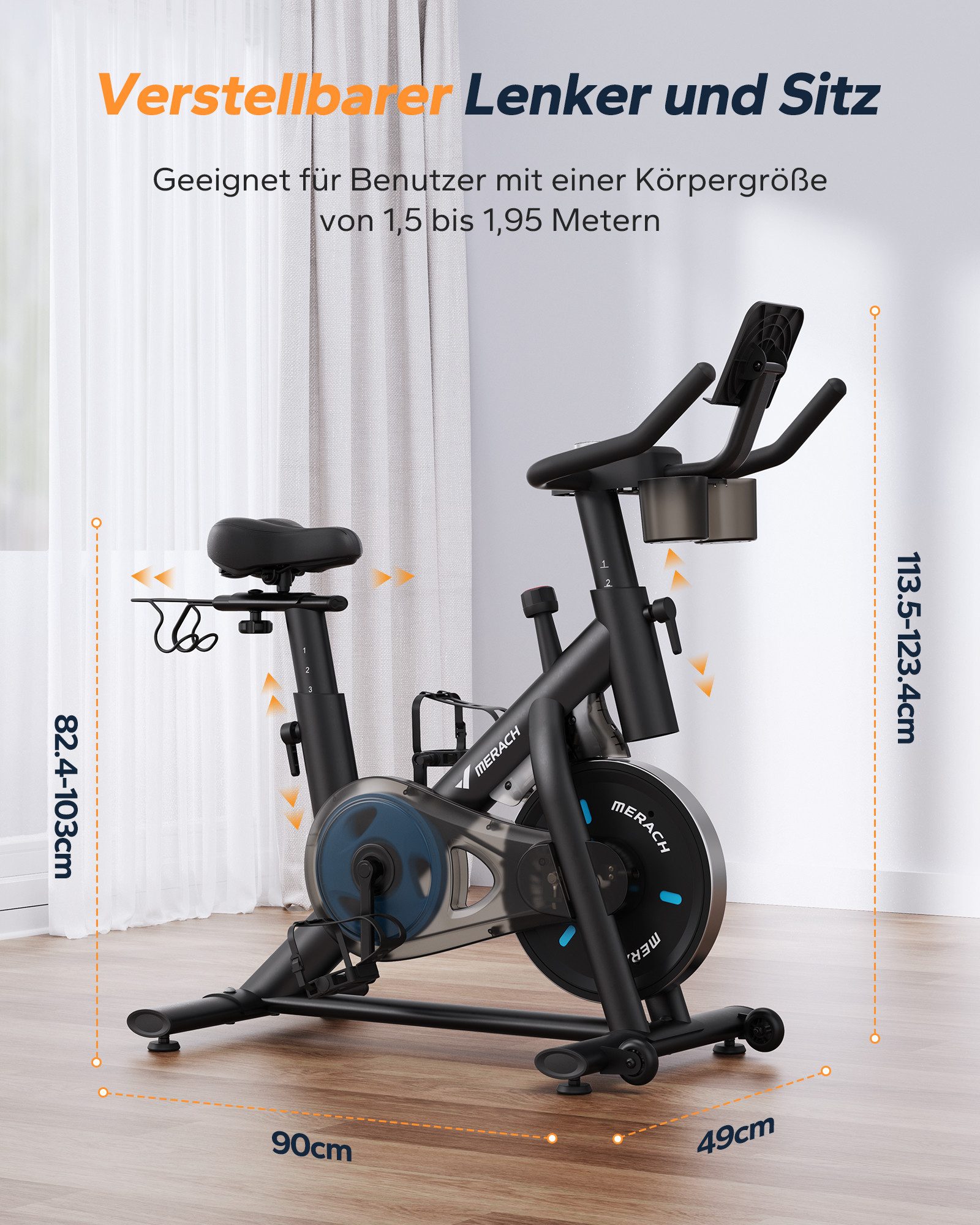 MERACH Heimtrainer Fahrrad mit Magnetischem Widerstand (Leises Bremsbelag/Hometrainer Fahrrad, mit Verbessertem LCD-Monitor, Hantelrack, Tablet-Halter), Verstellbare Sitz, Eigener App, 136KG Belastbar