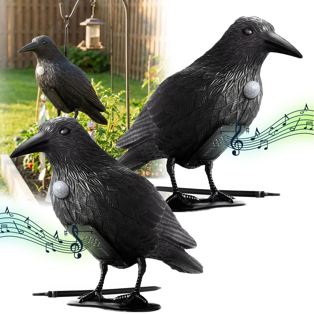 shop'n smile ideoon Vogel-Schreck Vogelabwehr Rabe mit Sound & Bewegungssensor Vogelschreck Schwarz, 2-tlg., 1er/2er-Set, Vogelschreck 10m …