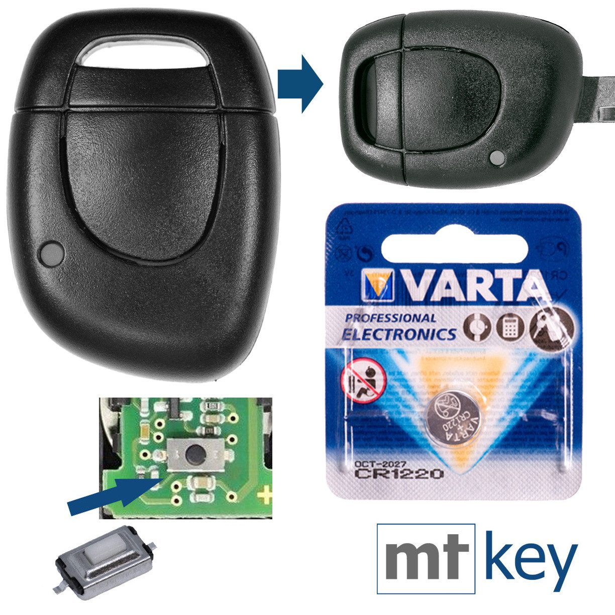 mt-key Auto Schlüssel Reparatur Gehäuse + 1x Mikrotaster + VARTA CR1220 Knopfzelle, CR1220 (3 V), für Renault Kangoo II Twingo C06 Clio II Funk Fernbedienung
