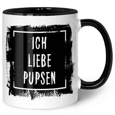 GRAVURZEILE Tasse mit Spruch - Ich liebe Pupsen - Langlebiger Druck - Lustiges Geschenk, aus Keramik - Spülmaschinenfest, Farbe: Schwarz & Weiß