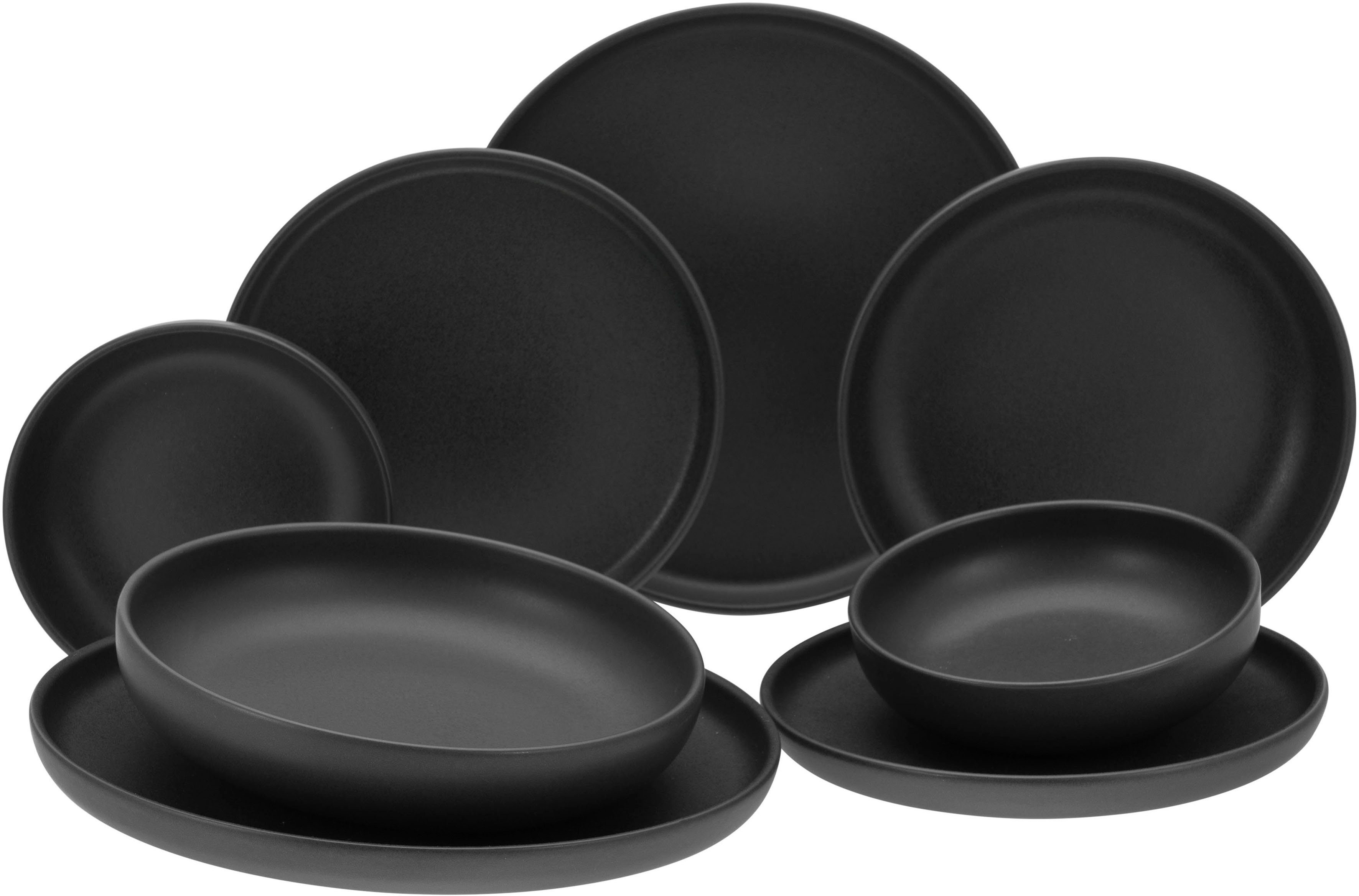 CreaTable Tafelservice Uno Black (8-tlg), 2 Personen, Steinzeug, Trendfarbe "Black Matt" mit seidenmatter Glasur