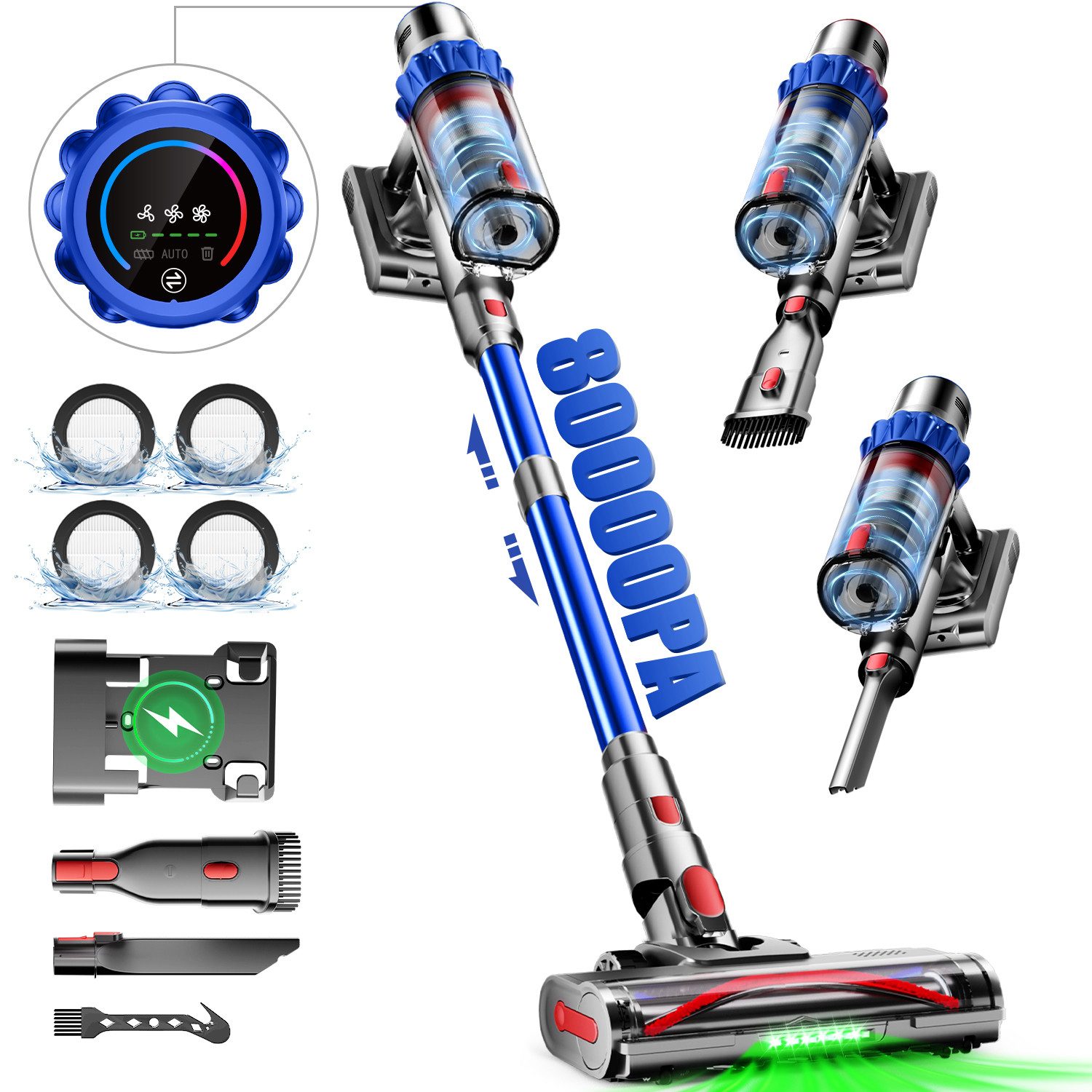 Adormii Akku-Hand-und Stielstaubsauger Akku Staubsauger 80000pa, Staubsauger Kabellos, 70Min/1,8L, beutellos, Smart LED-Display, grünem Licht, für Teppich, Hartböden, Tierhaare