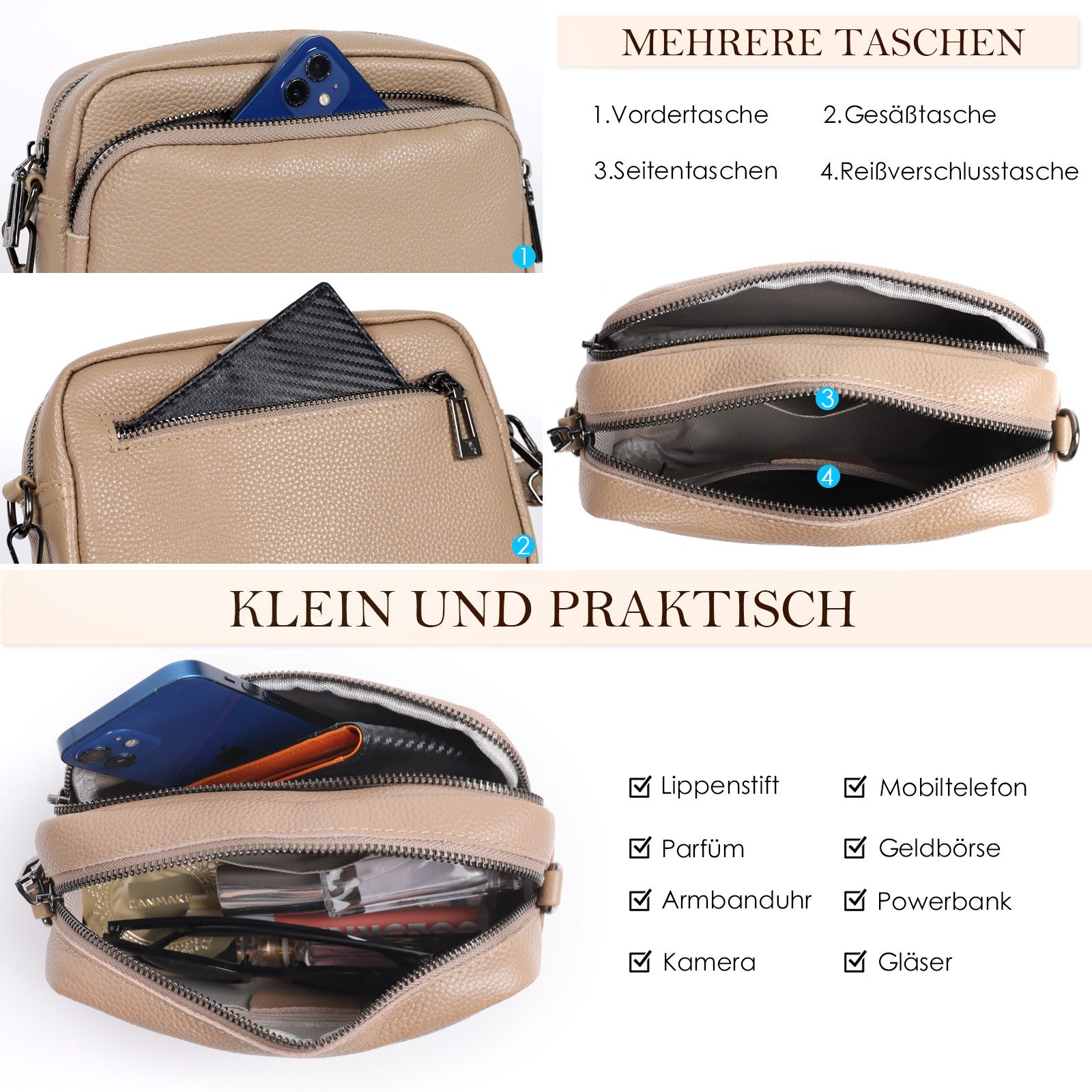TAN.TOMI Umhängetasche Damen Handy Umhängetasche Echtes Crossbody Bag Damen Handytasche, Umhängetasche Damen Klein Taschen mit Breitem Schultergurt u 3 fächern