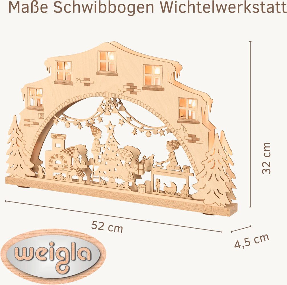 Weigla Schwibbogen Wichtelwerkstatt, Lichterbogen aus Holz, NATUR, Made in Germany, Erzgebirge garantiert, Weihnachtsdeko Innen, Weihnachtsbeleuchtung