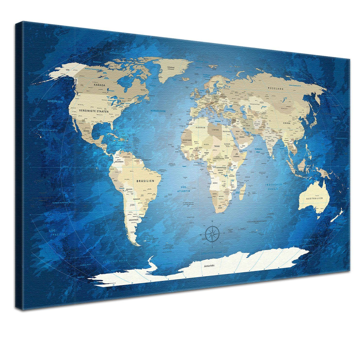 LANA KK Leinwandbild Weltkarte Pinnwand zum markieren von Reisezielen, deutsche Beschriftung Blue Ocean