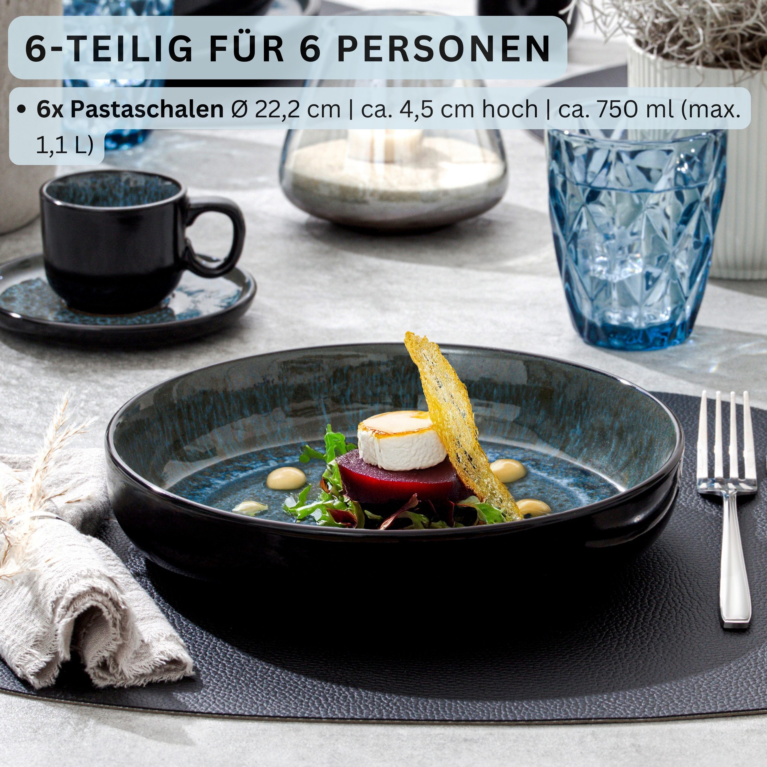 SÄNGER Teller Set Manila, (6 St), Pastaschalen Set, Steingut, Handmade, Blau-Schwarz, VALUE COLLECTION