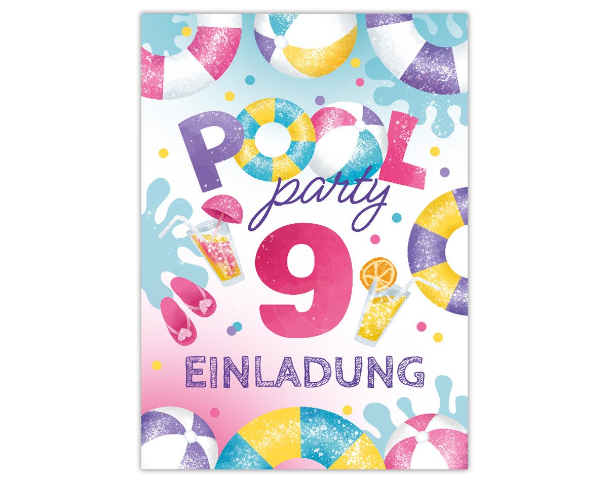 JUNAPACK Einladungskarten Pool Party Einladungen zum 9. Kindergeburtstag Karten Schwimmbad, Einladungskarten Pool Party zum neunten Geburtstag See Bad