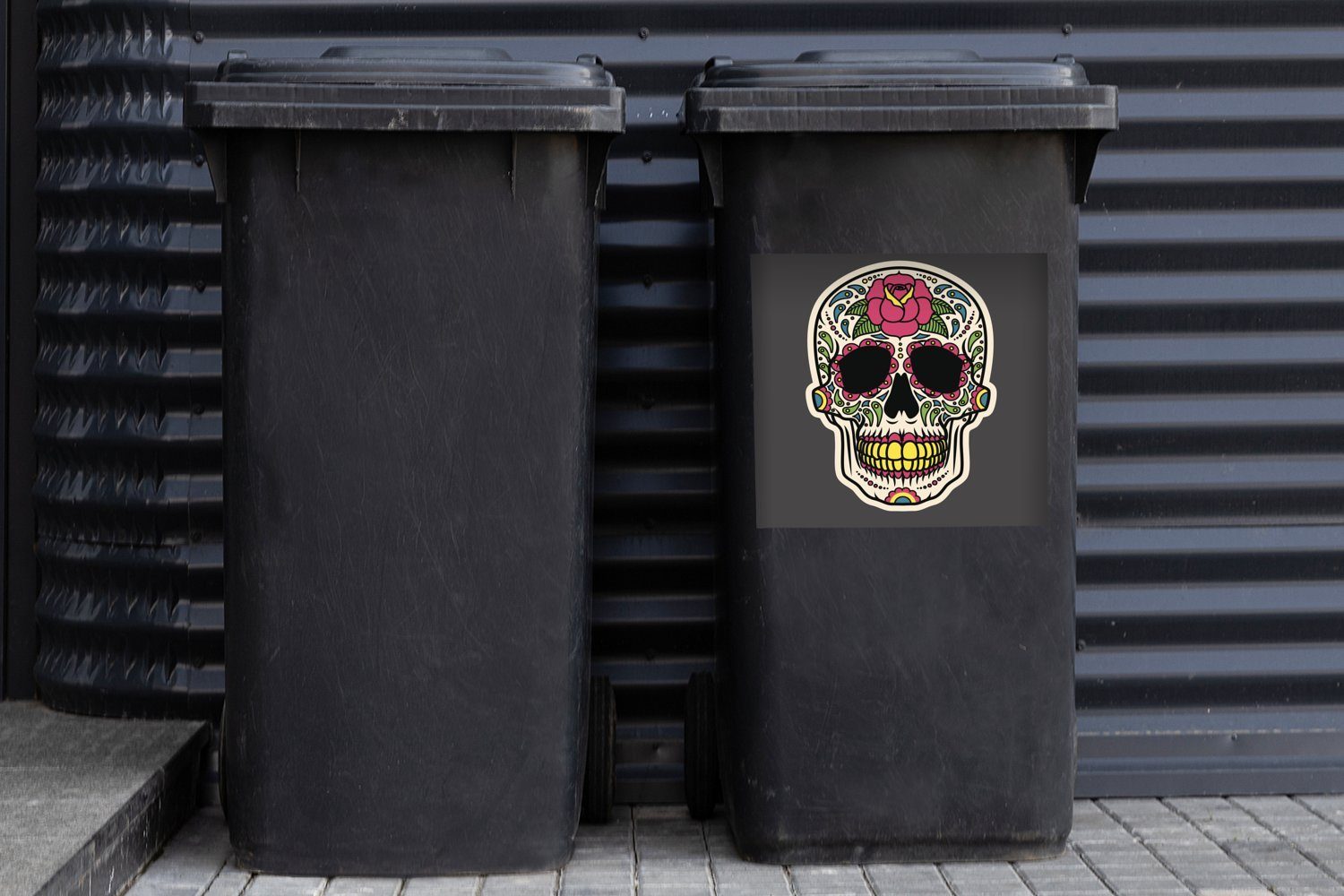 eines Mülltonne, Wandsticker Sticker, Eine Mülleimer-aufkleber, Container, Abfalbehälter Illustration Dias Muertos-Schädels (1 bunte Los St), MuchoWow De