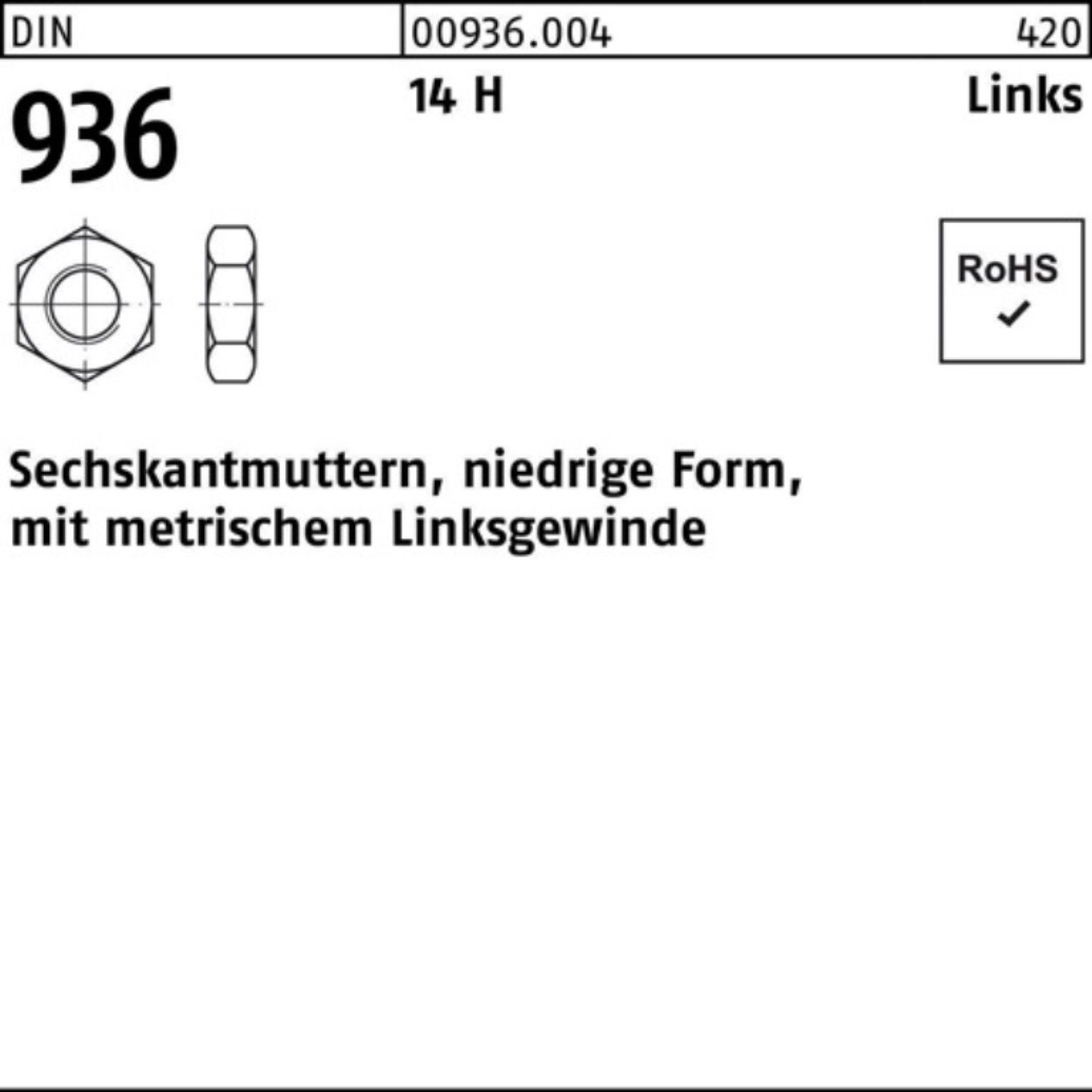 Reyher Muttern 100er Pack Sechskantmutter DIN 936 links M16 -LH 14 H 50 Stück DIN 93